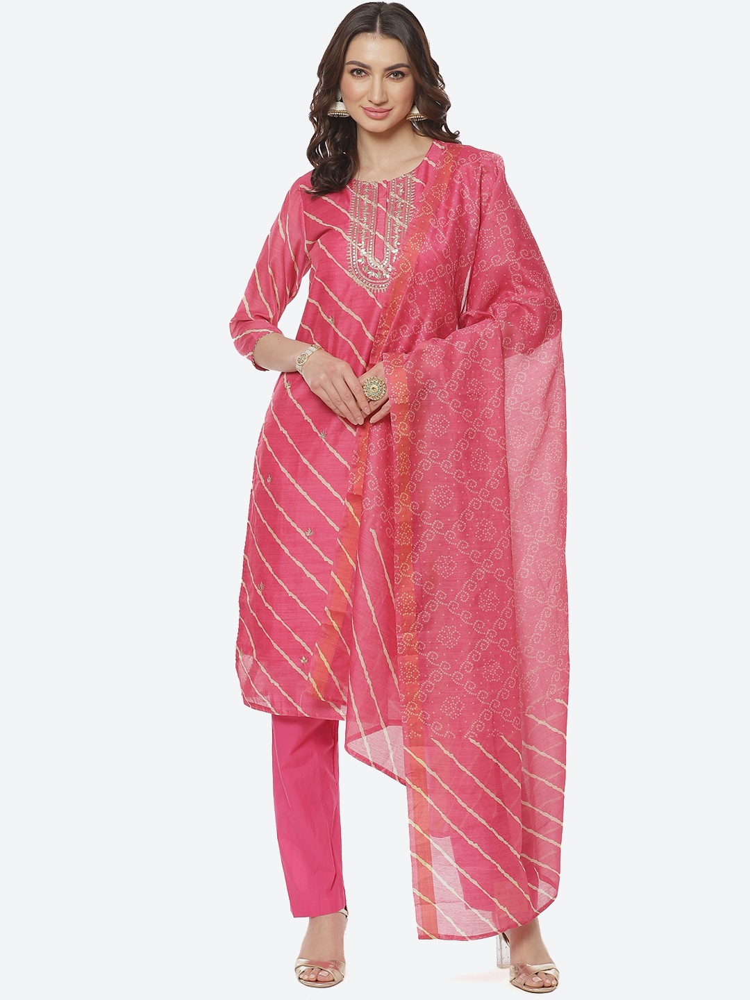 

Meena Bazaar Women Pink Printed Pure Cotton Kurta with Salwar & With Dupatta