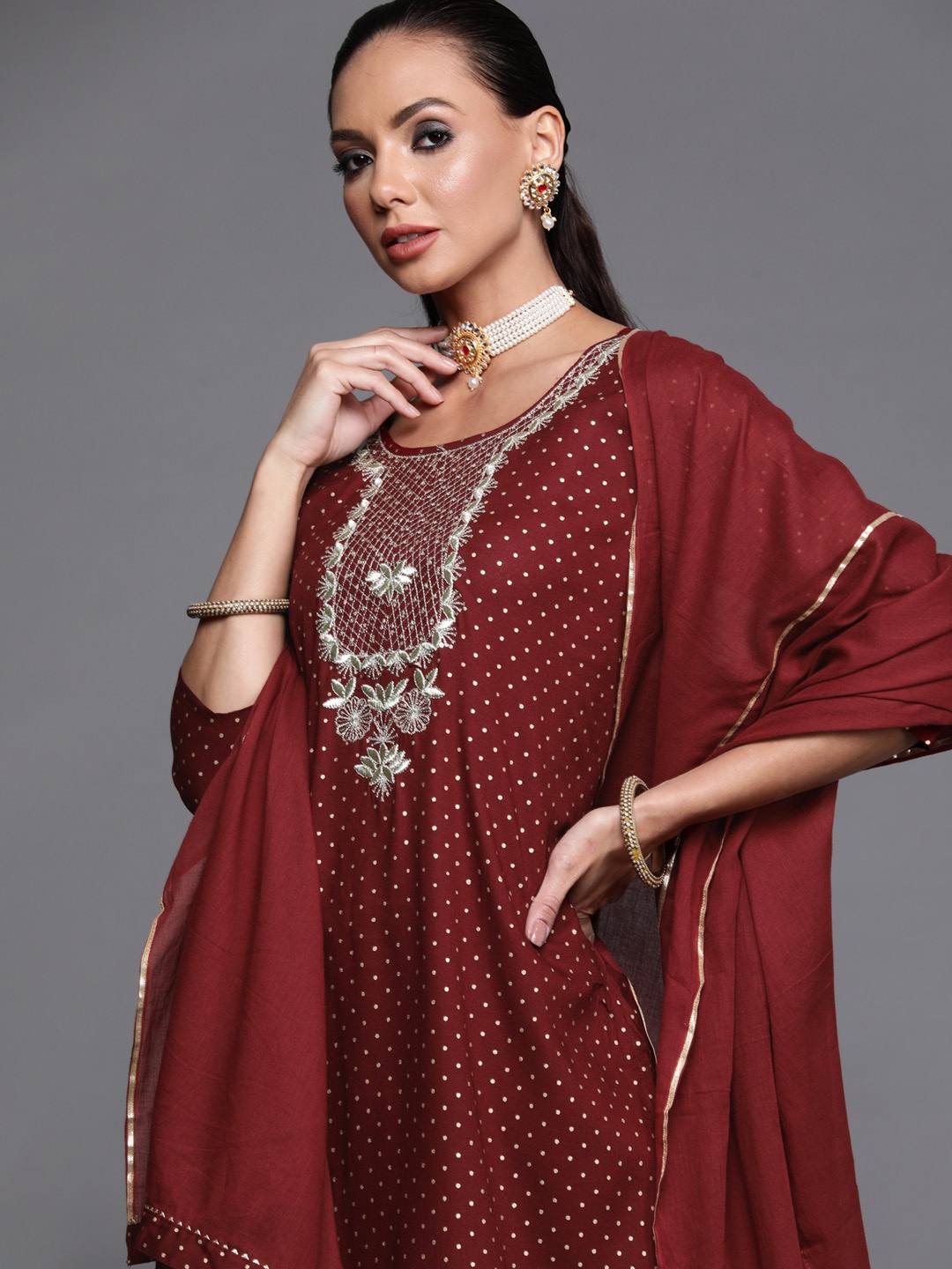 

Indo Era Women Maroon & Gold-Toned Floral Embroidered Kurta with Trousers & Dupatta