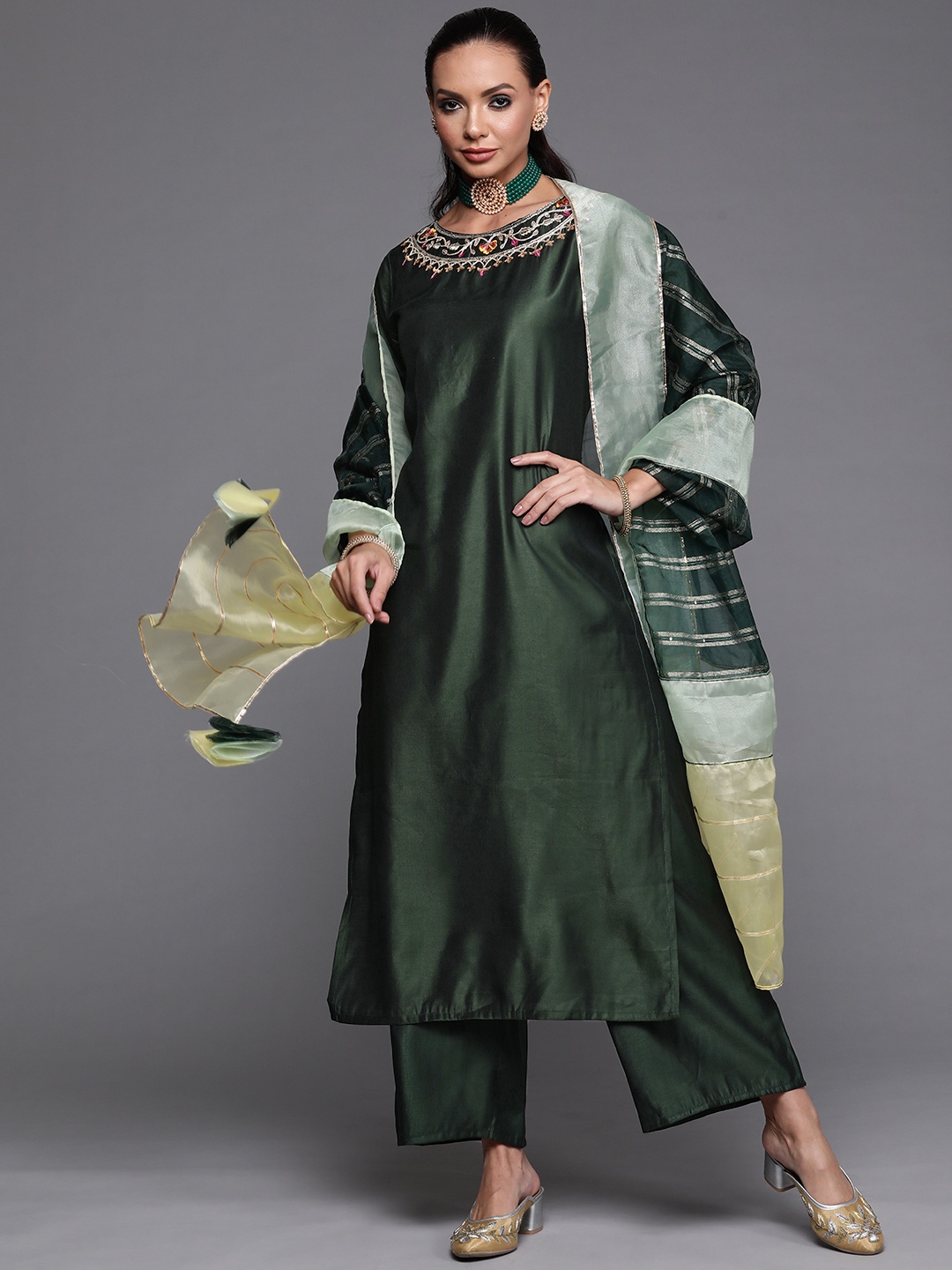 

Indo Era Women Green Ethnic Motifs Yoke Design Kurta with Palazzos & Dupatta