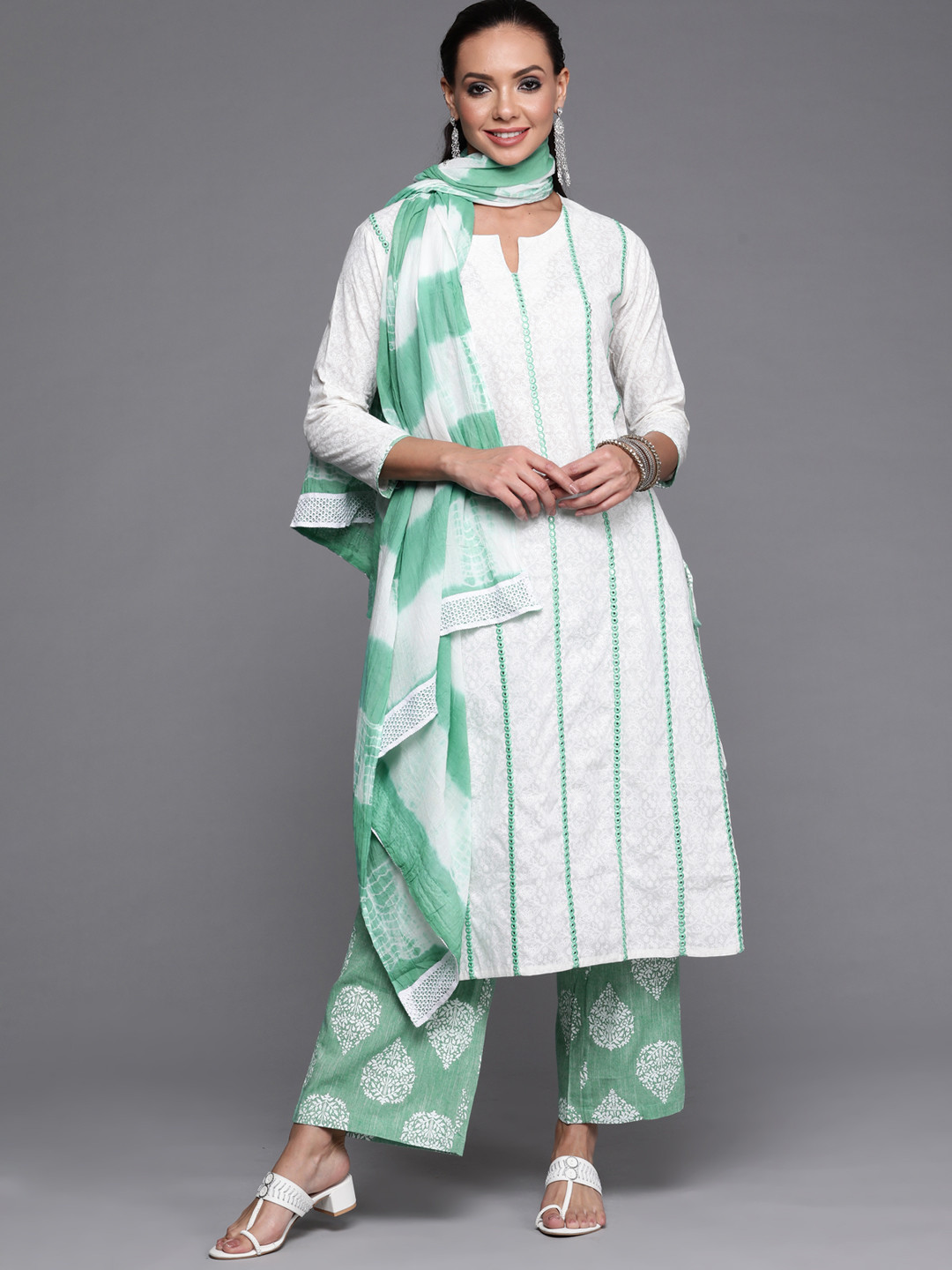 

Indo Era Women White & Green Striped Mirror Work Kurta with Palazzos & Dupatta
