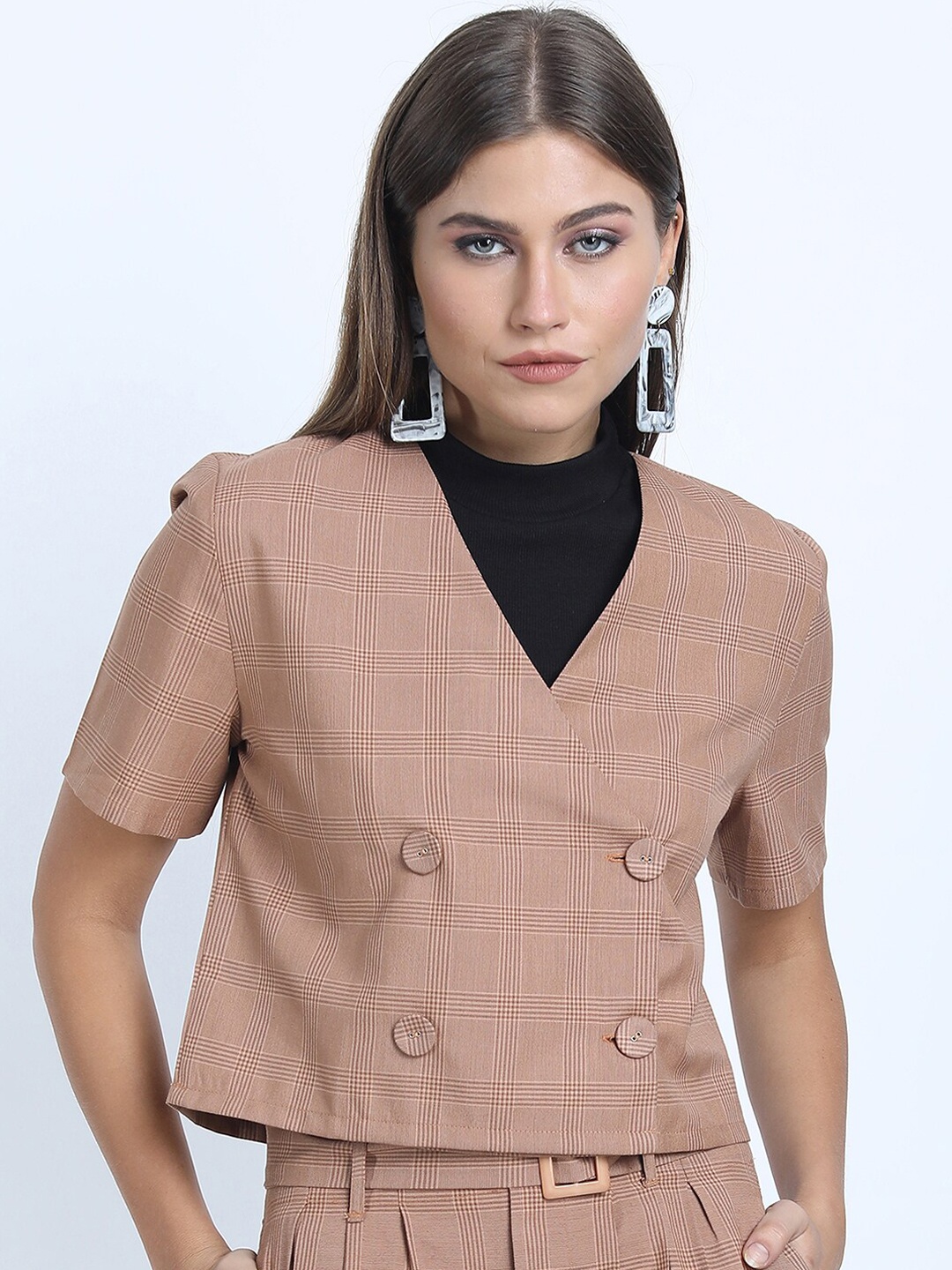 

CHIC BY TOKYO TALKIES Women Pink Checked Crop Double-Breasted Blazer