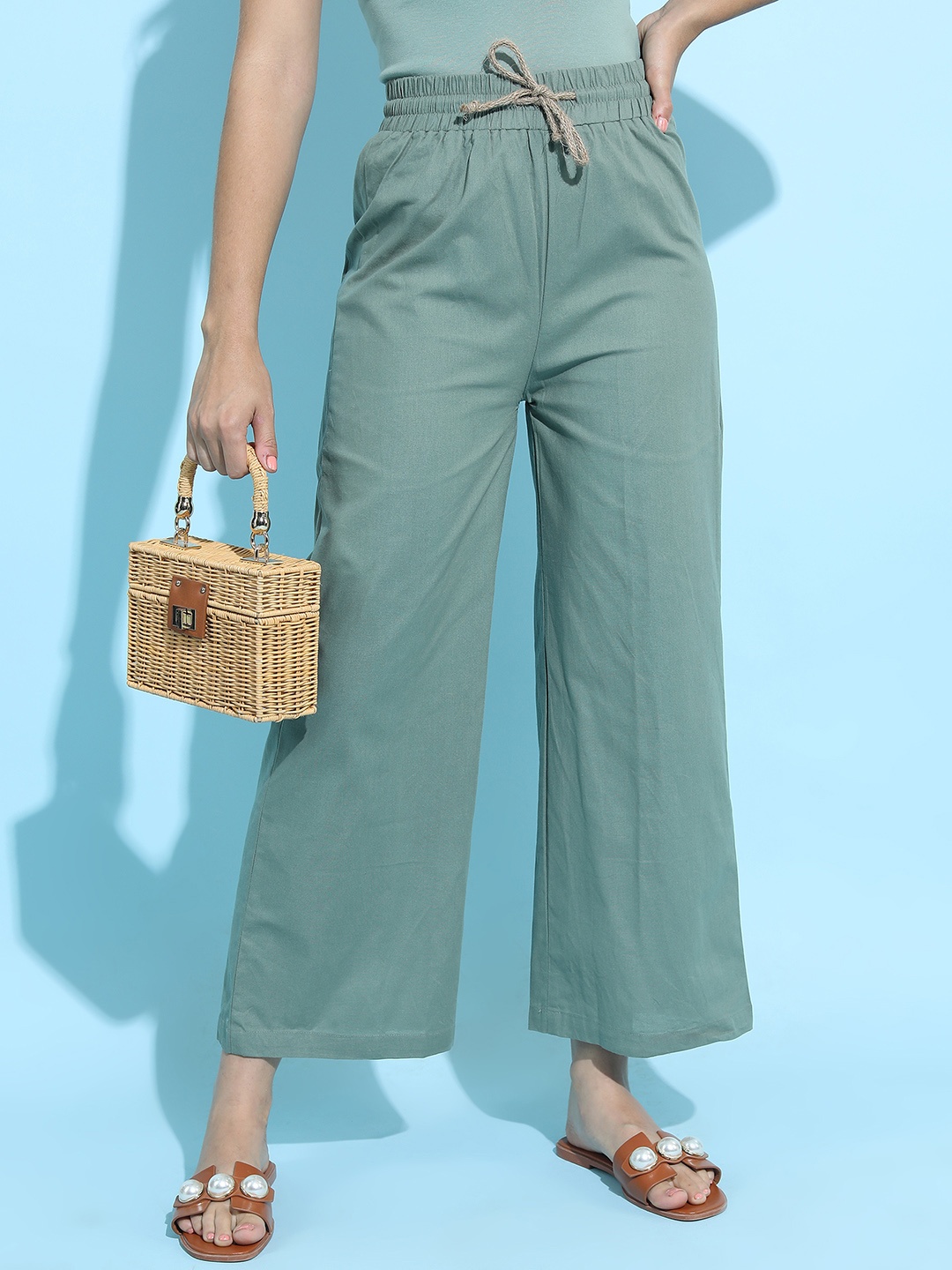 

Tokyo Talkies Women Sage Green Flared Trousers
