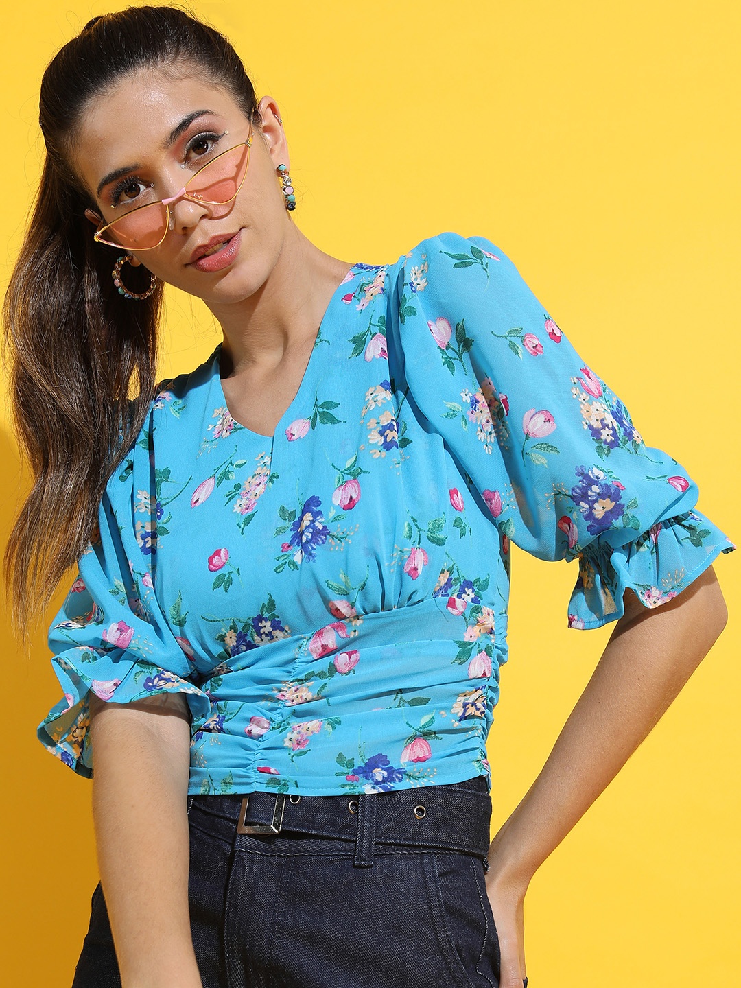 

Tokyo Talkies Blue Floral Print Cinched Waist Crop Top