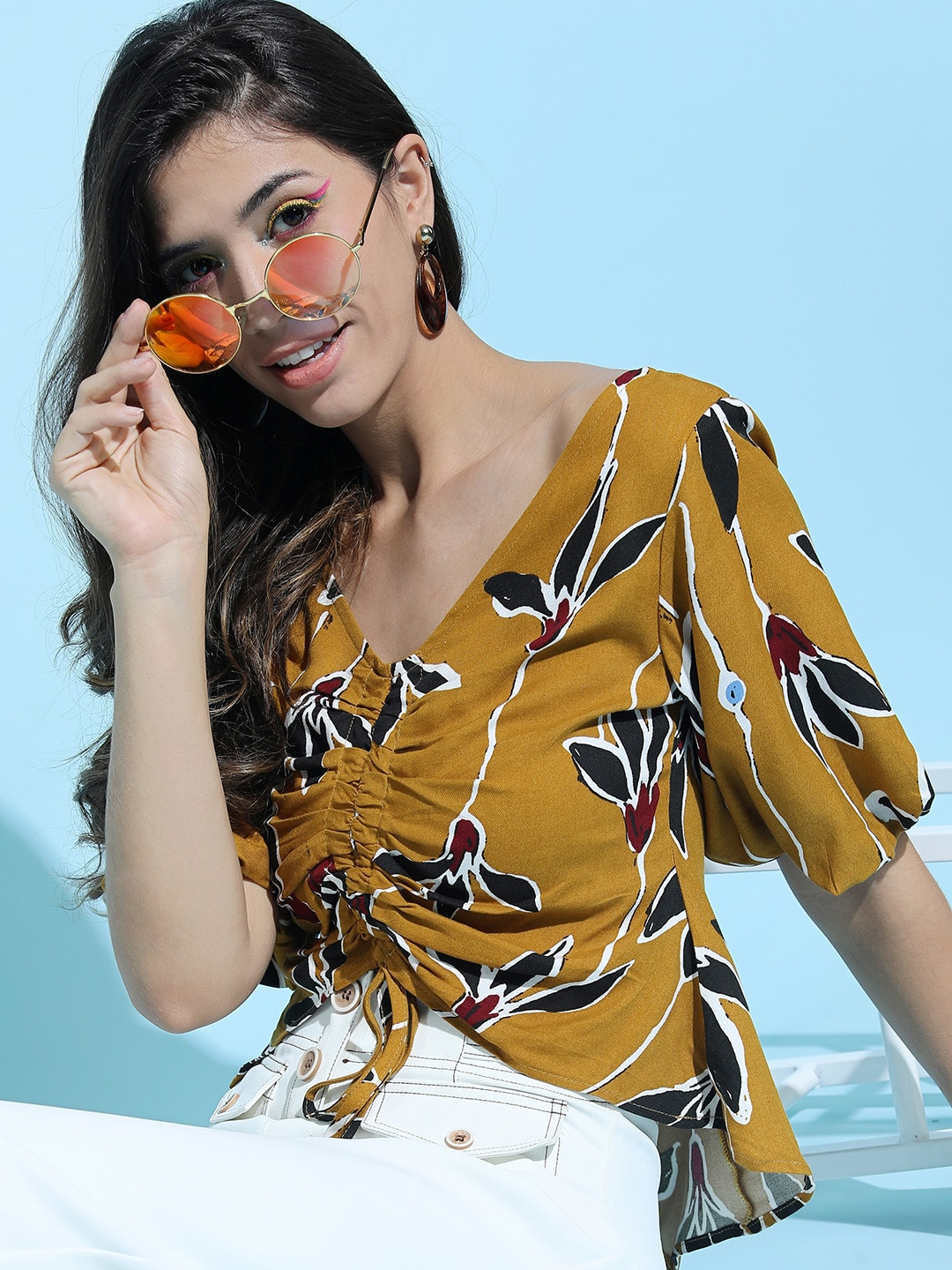 

Tokyo Talkies Yellow & Black Floral Print A-line Crop Top