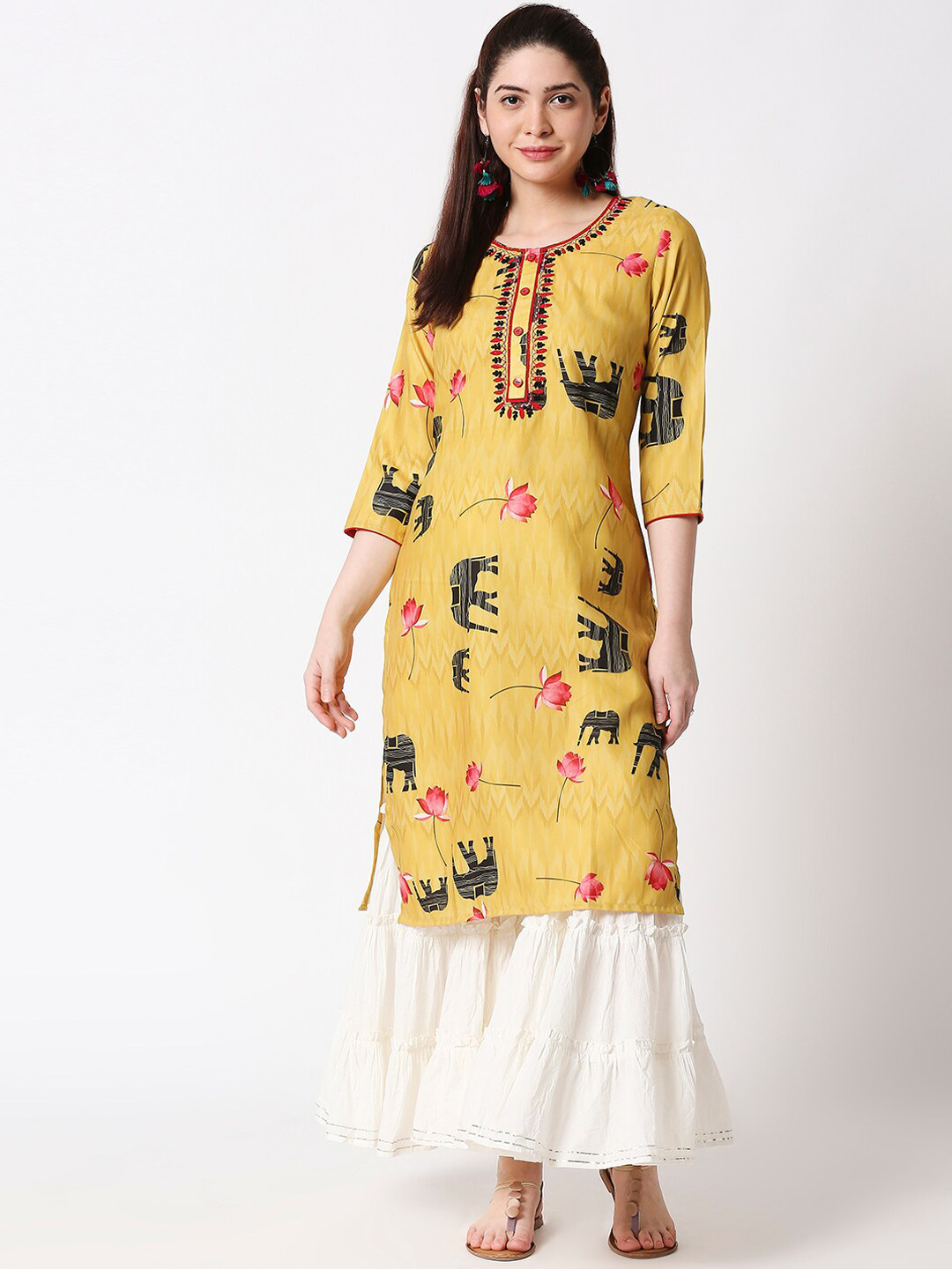 

ZRI Women Mustard Yellow Ethnic Motifs Printed Kurta