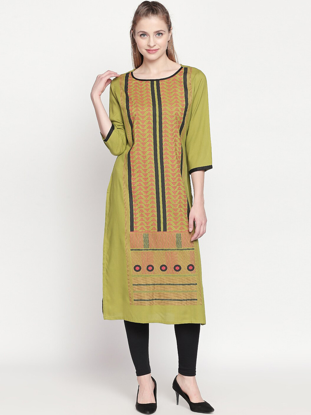 

ZRI Women Green Geometric Printed Straight Kurta
