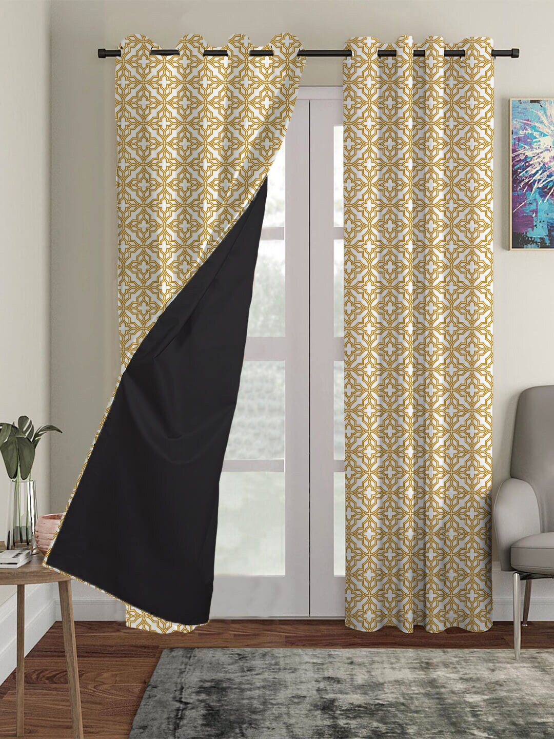 

HOUZZCODE Mustard & White Set of 2 Ethnic Motifs Black Out Door Curtain