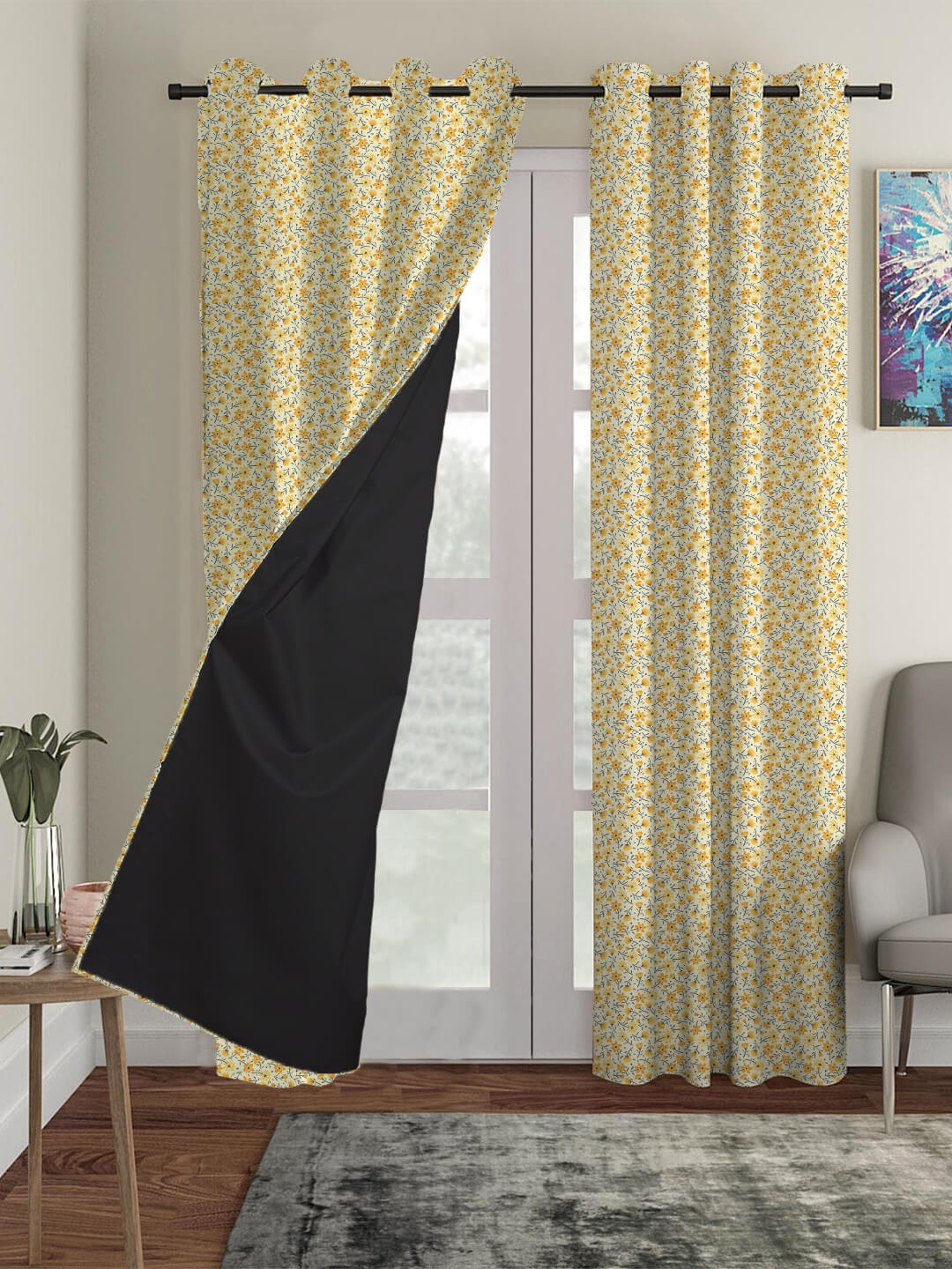 

HOUZZCODE Set Of 2 Mustard & Blue Floral Black Out Door Curtain