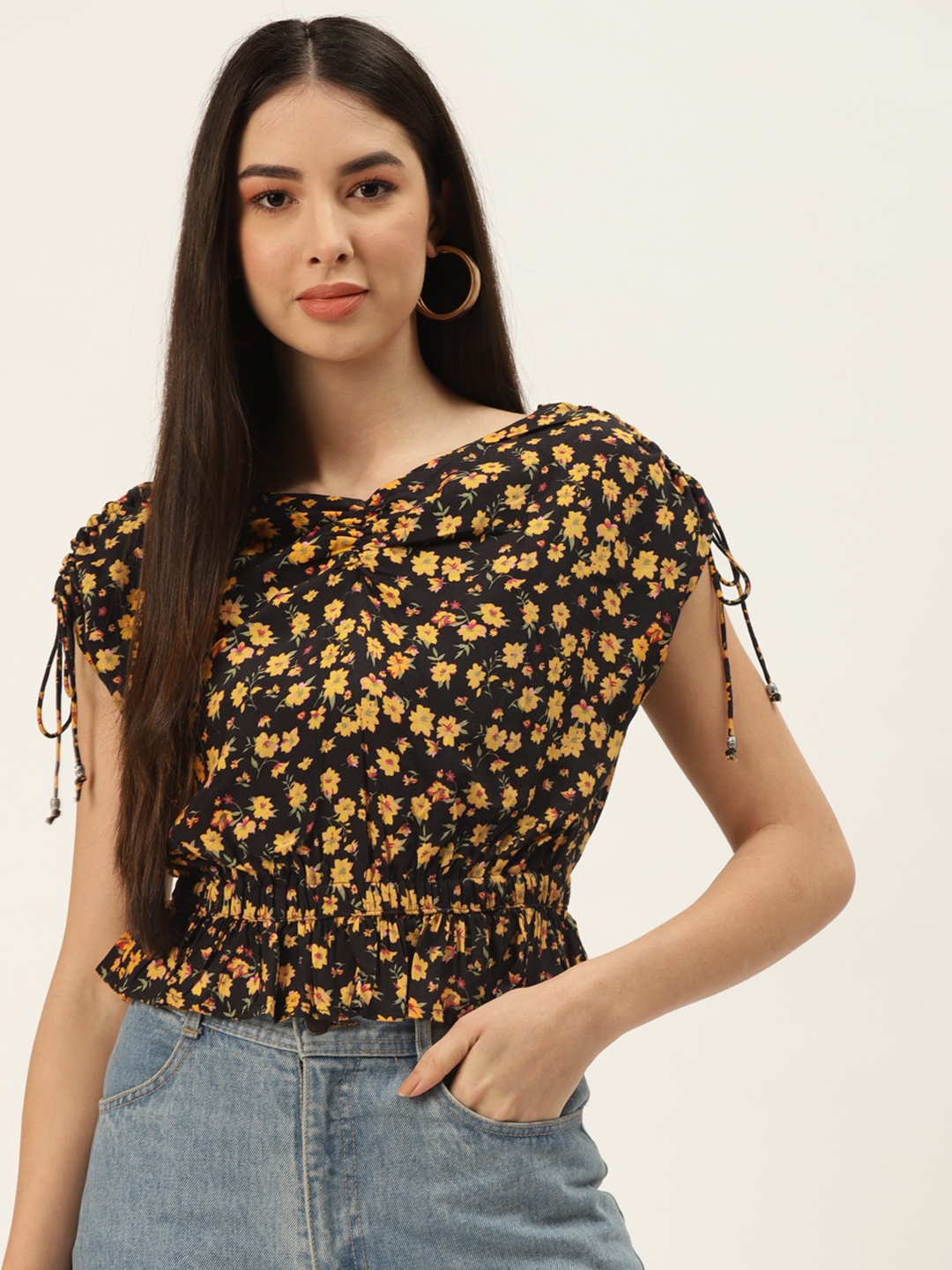 

Off Label Black & Yellow Floral Print Extended Sleeves Cinched Waist Crop Top