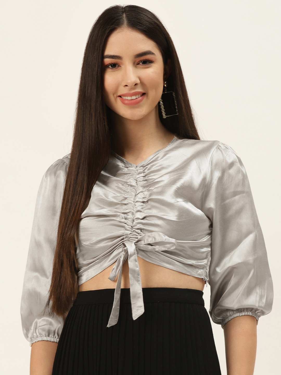 

Off Label Silver-Toned Blouson Satin Crop Top