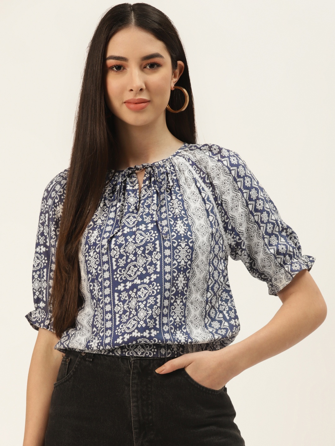 

Off Label White & Blue Print Tie-Up Neck Blouson Crop Top