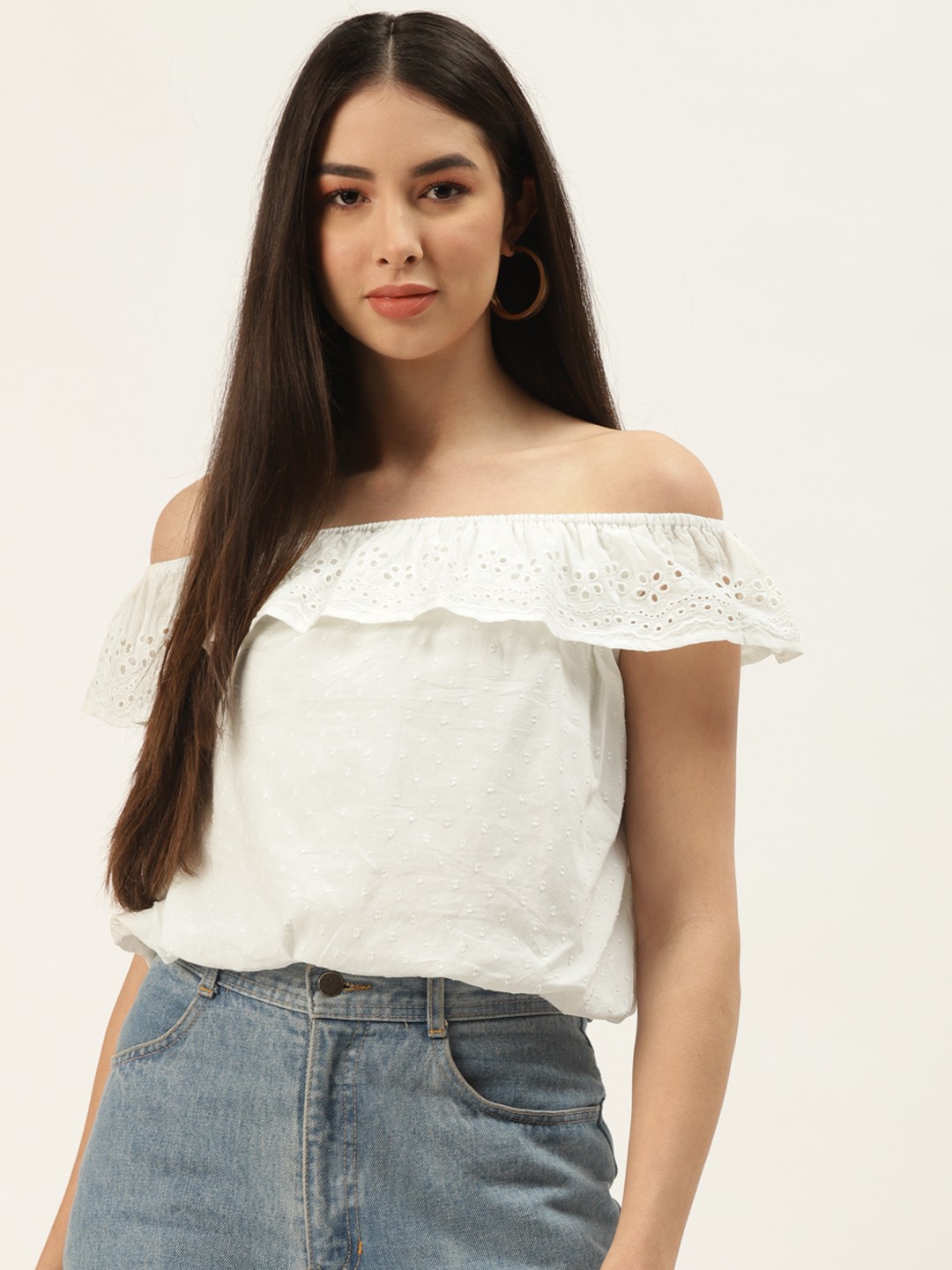 

Off Label White Self Design Off-Shoulder Schiffli Bardot Top