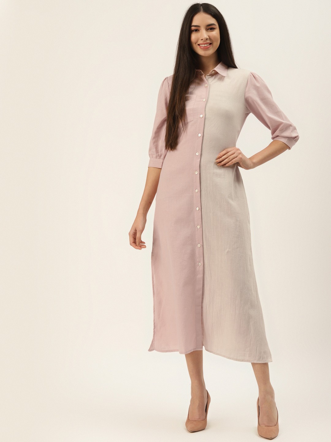 

Off Label Rose & Beige Colourblocked Pure Cotton Shirt Maxi Dress