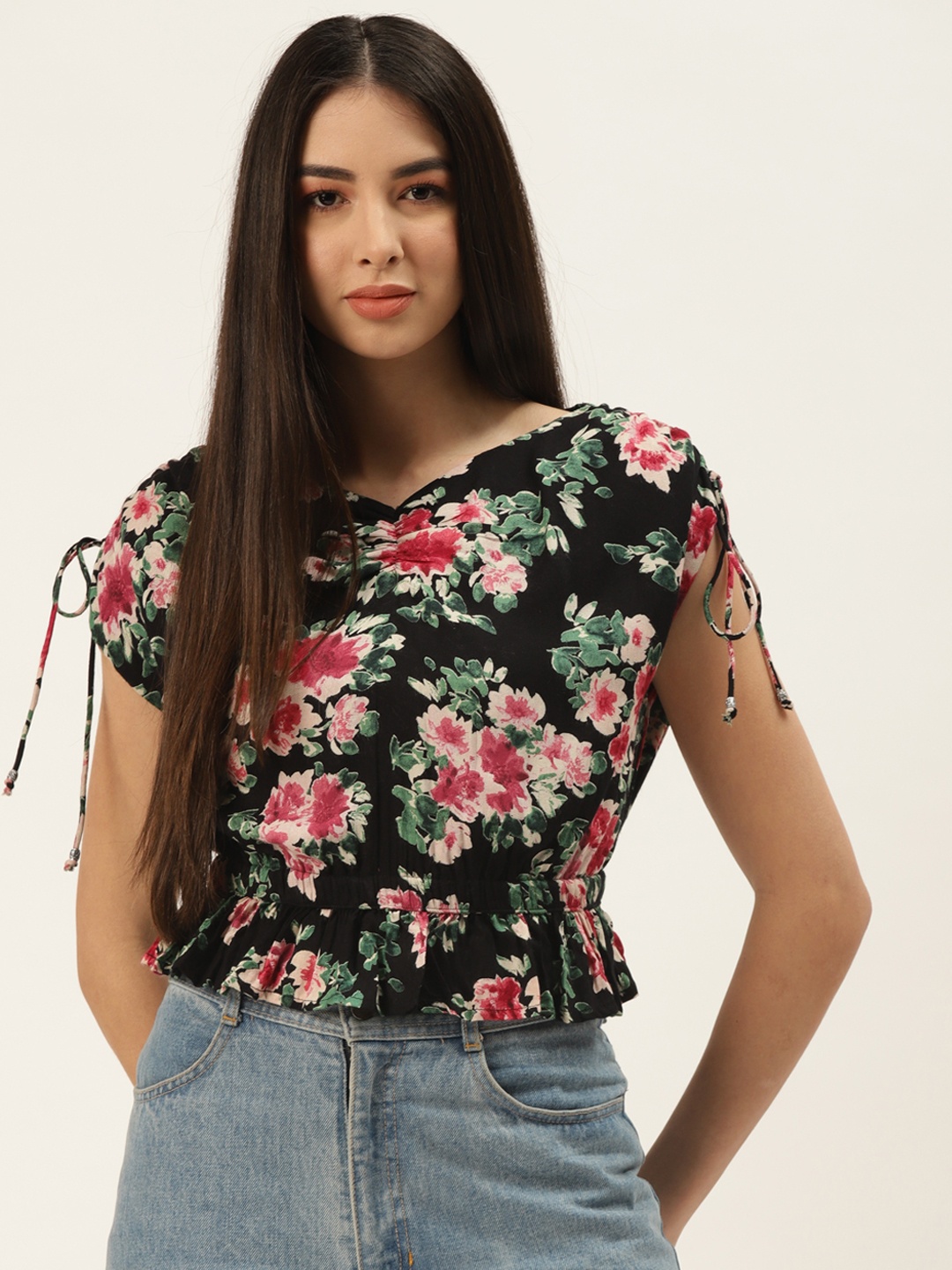 

Off Label Black & Pink Floral Print Blouson Crop Top