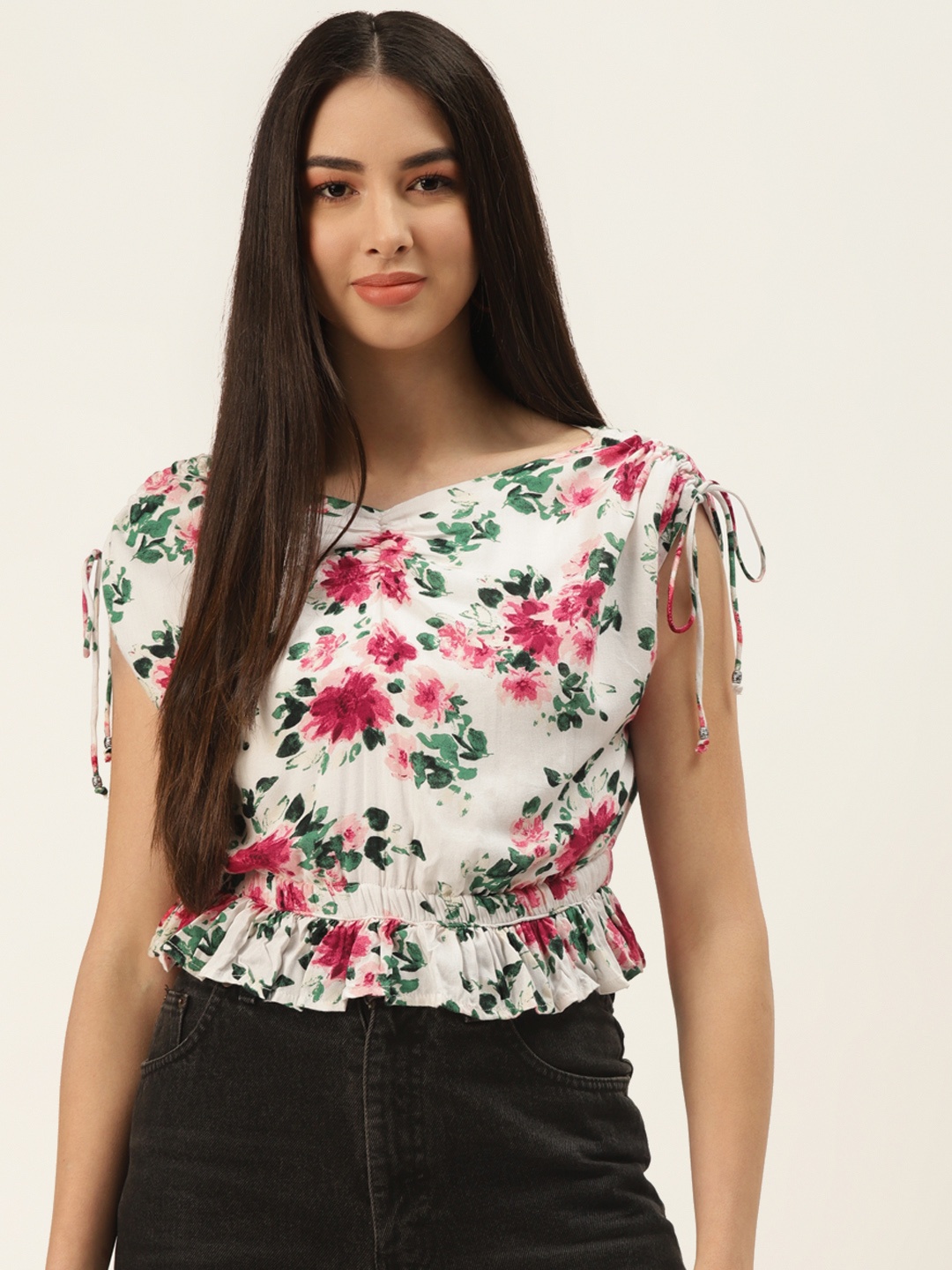 

Off Label White & Pink Floral Print Extended Sleeves Cinched Waist Crop Top