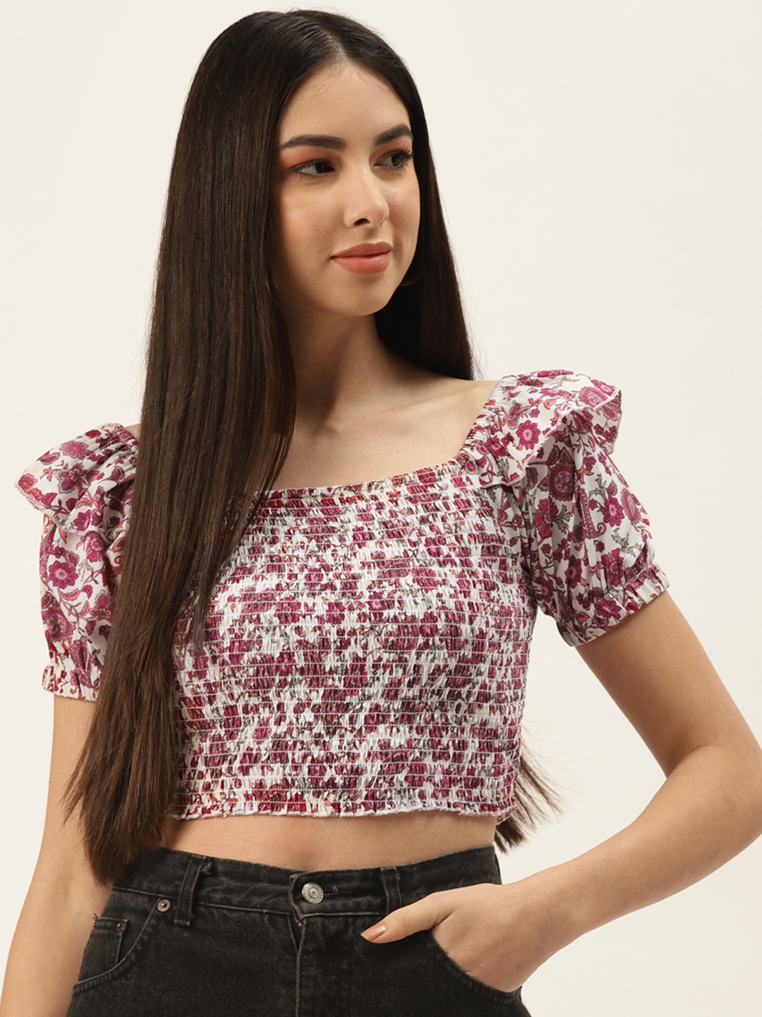 

Off Label White & Red Floral Print Blouson Crop Top