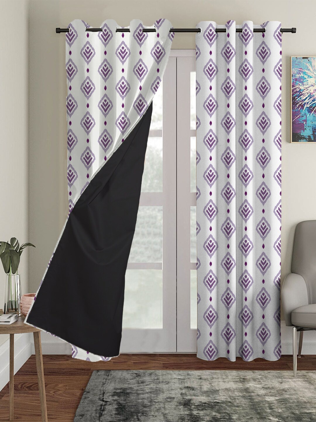 

HOUZZCODE Set Of 3 Off-White & Purple Printed Blackout Window Curtain