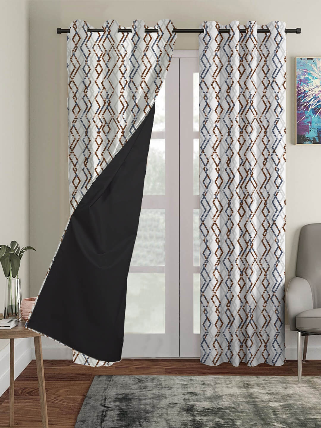 

HOUZZCODE Grey & Brown Set of 3 Geometric Black Out Window Curtain