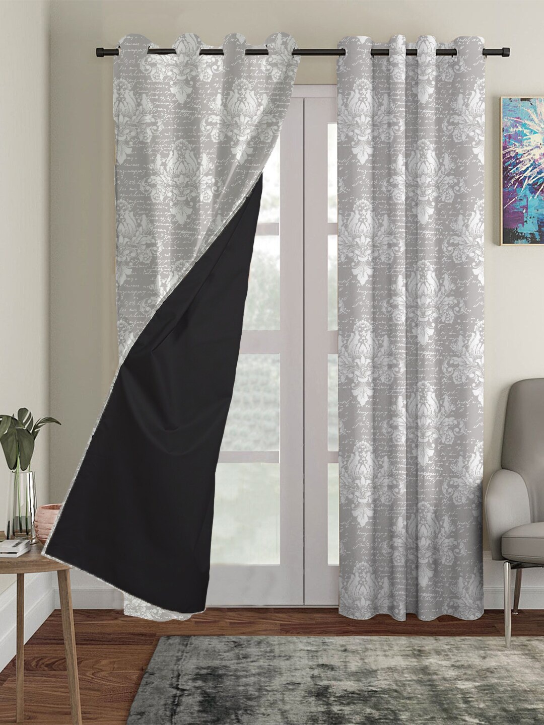 

HOUZZCODE Grey & White Set of 3 Black Out Window Curtain