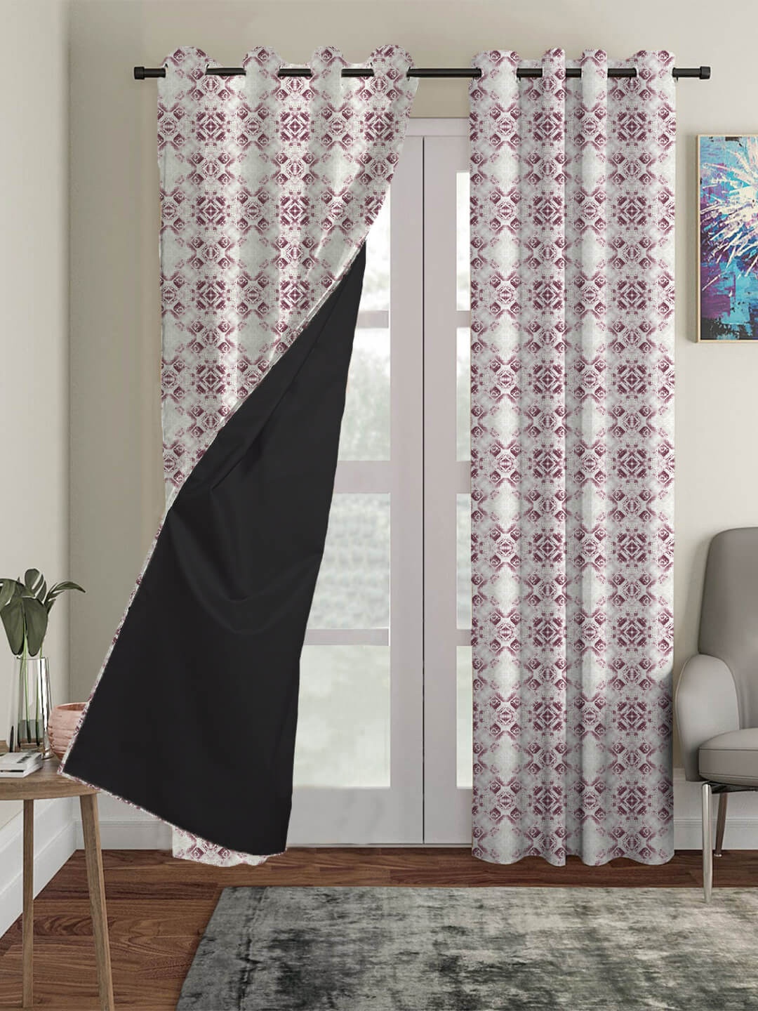 

HOUZZCODE Set Of 3 Off-White & Purple Printed Blackout Window Curtain