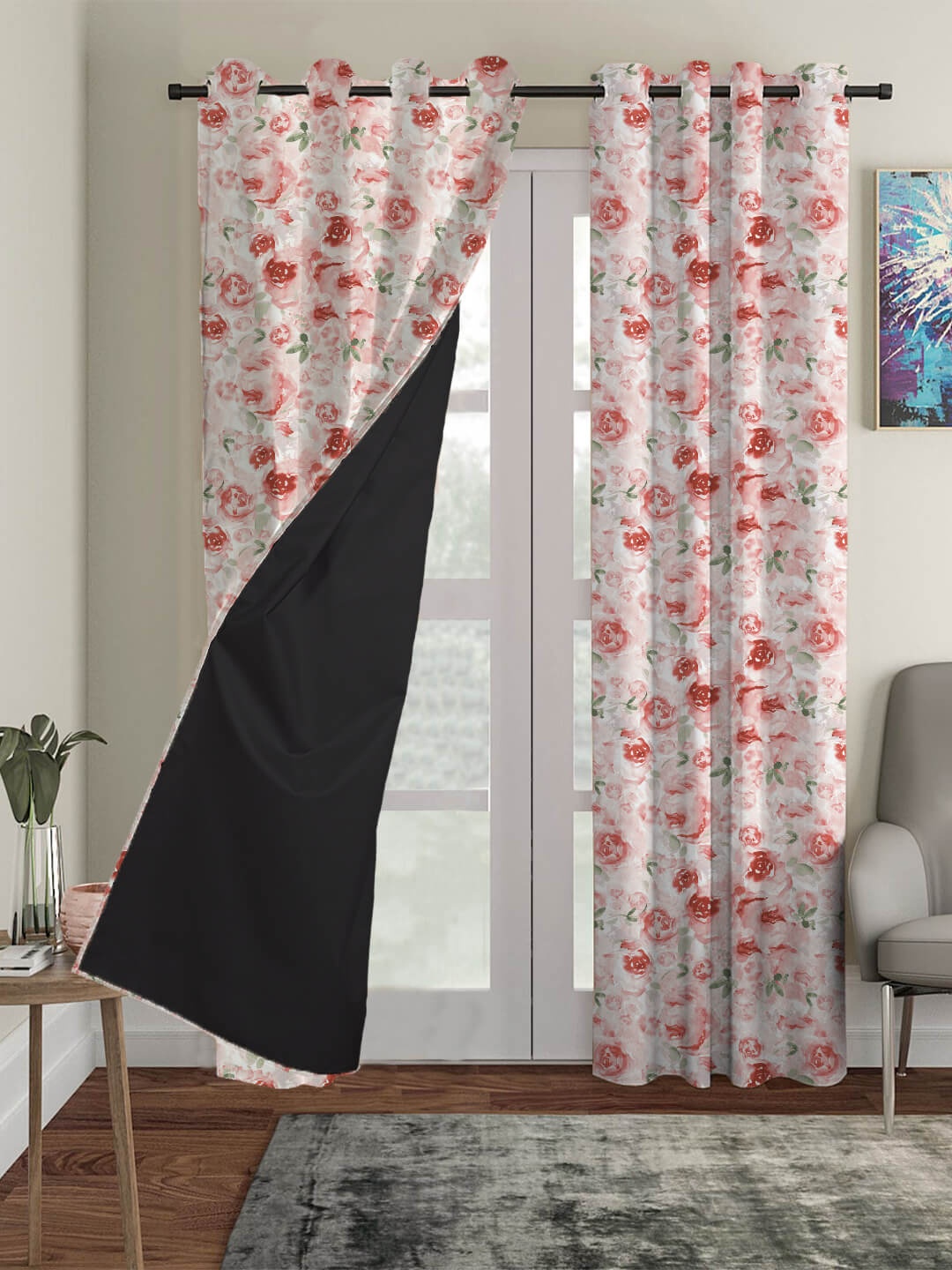 

HOUZZCODE Coral Pack of 3 Floral Printed Black Out Window Curtain