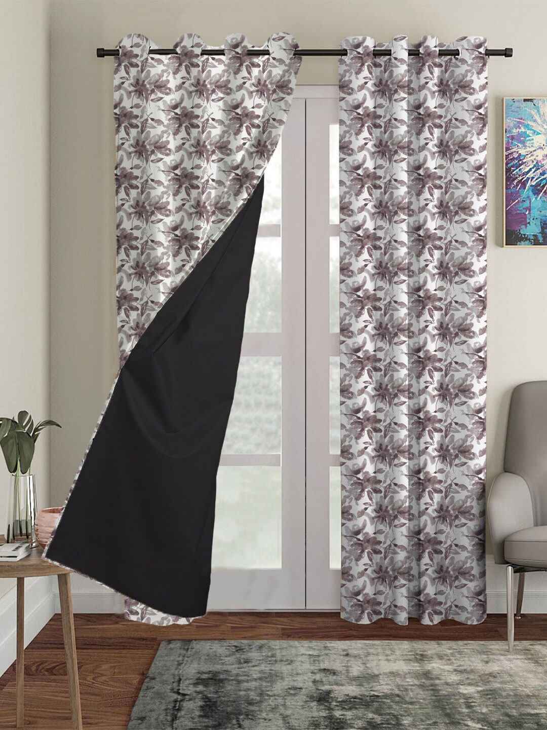 

HOUZZCODE Set Of 2 Grey Floral Black Out Window Curtain
