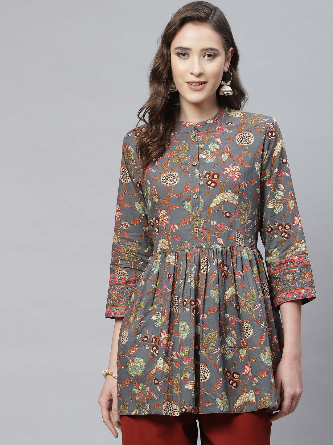 

Divena Grey Floral Print Mandarin Collar Peplum Top