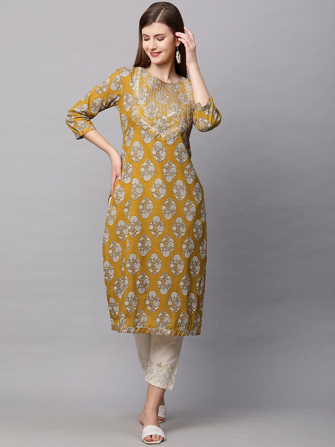 

FASHOR Women Mustard Yellow Ethnic Motifs Printed Kurta