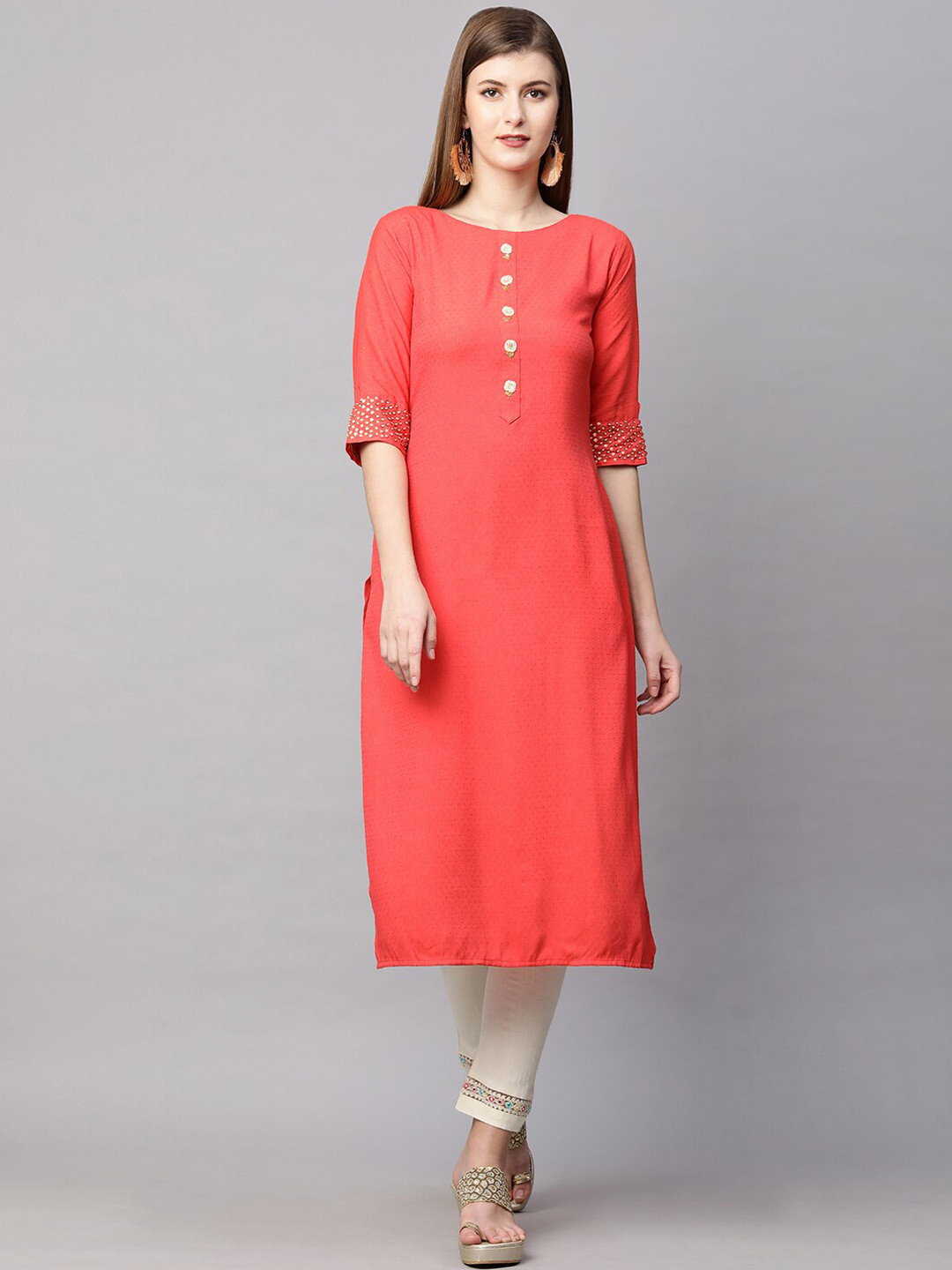 

FASHOR Women Peach-Coloured Textured Straight Kurta