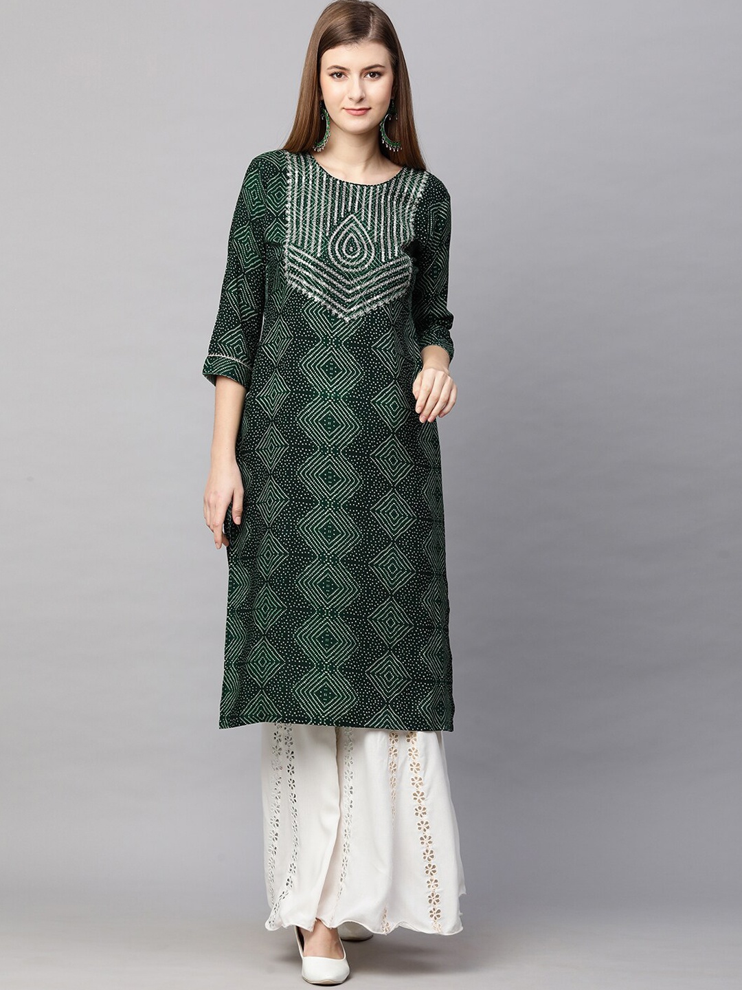 

FASHOR Women Green Embellished Yoke Design Ethnic Motifs Bandhani Kurta