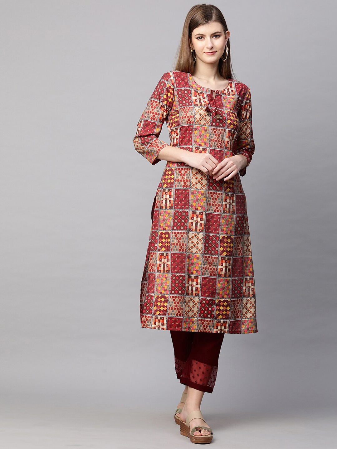 

FASHOR Women Maroon Ethnic Motifs Printed Chanderi Silk Kurta