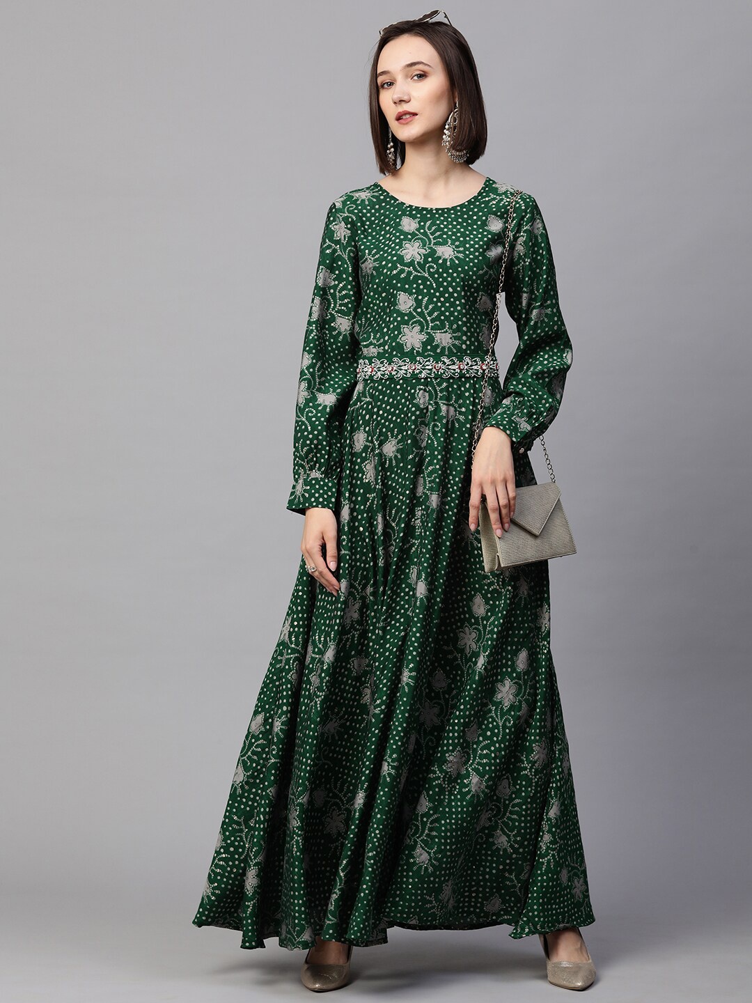 

FASHOR Green Ethnic Motifs Ethnic Maxi Dress with Embroidered Belt