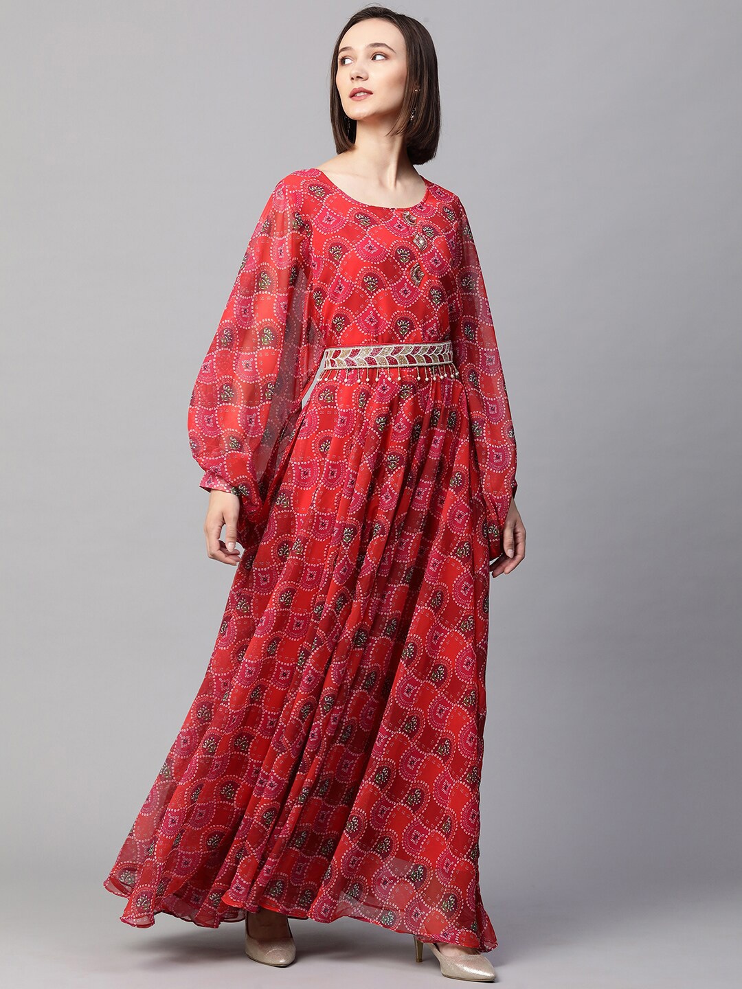

FASHOR Red Floral Georgette Ethnic Maxi Belted Dress