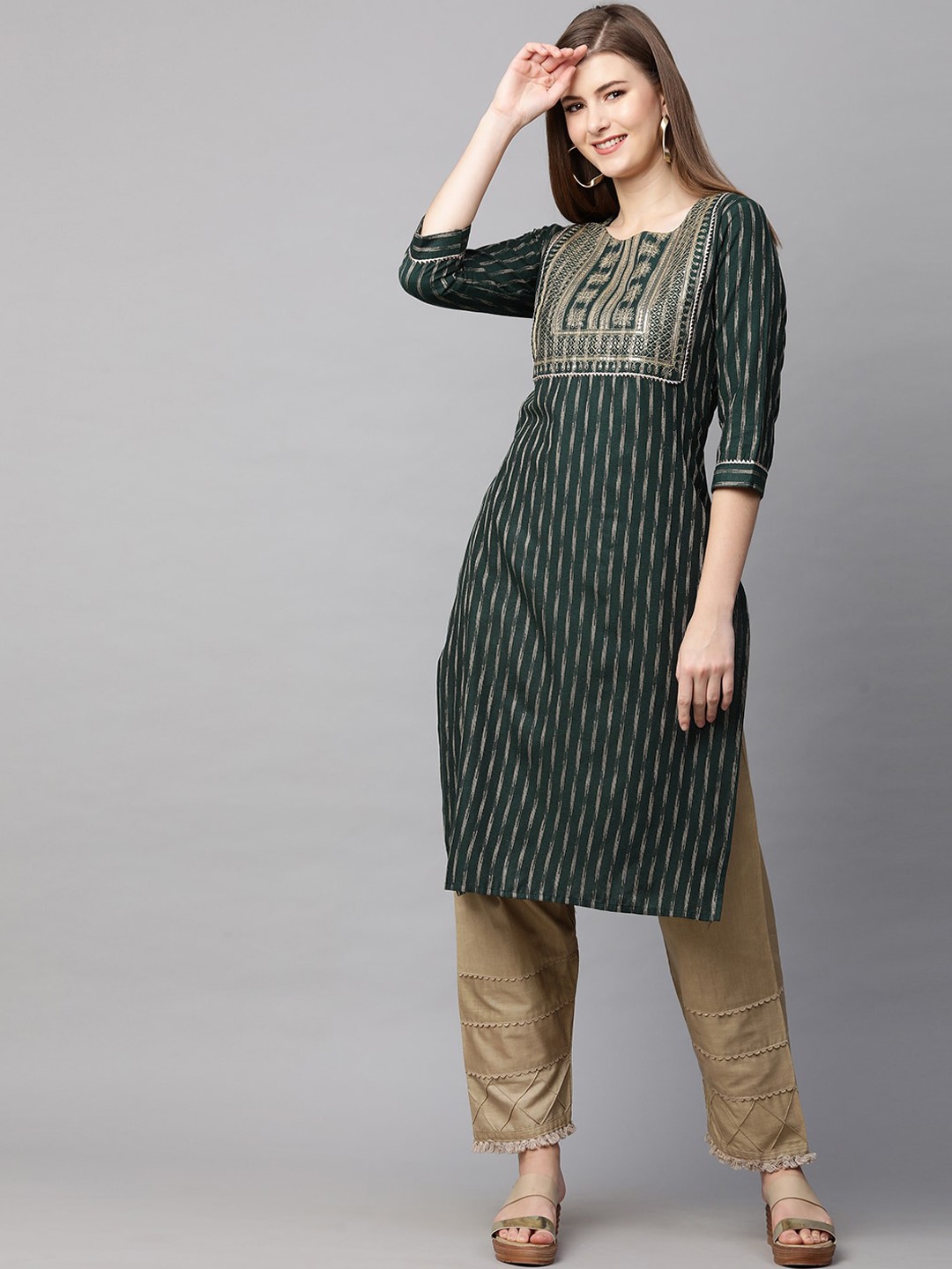 

FASHOR Women Green Striped Thread Work Kurta