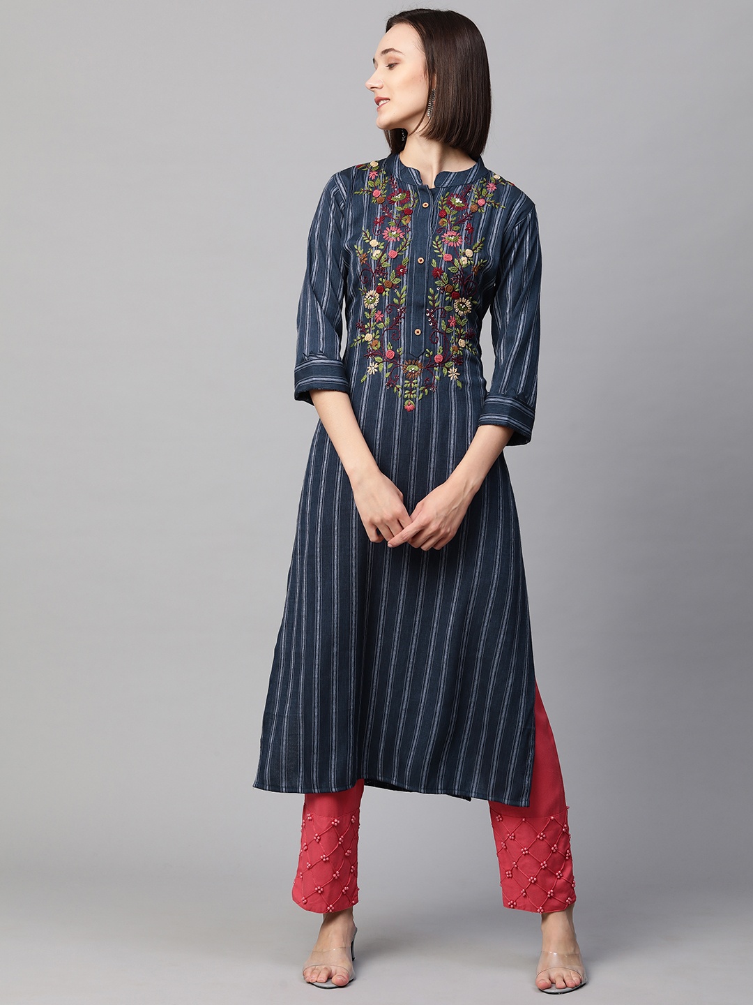 

FASHOR Women Navy Blue & Red Striped Thread Work Kurta