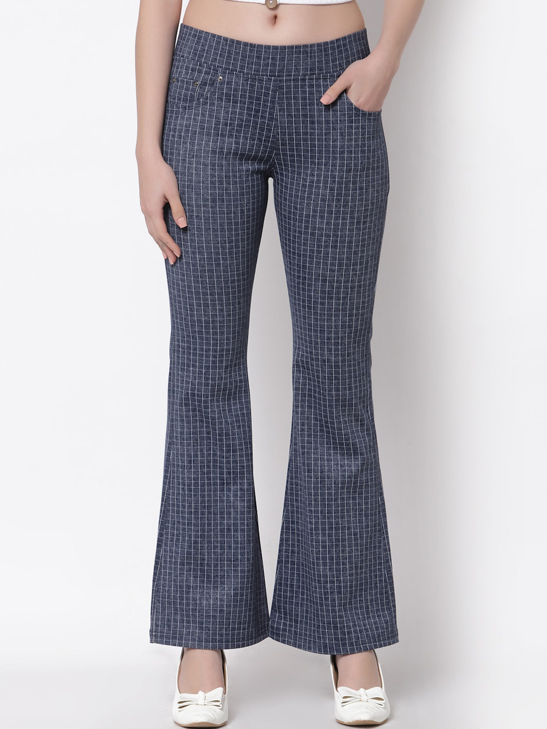 

Westwood Women Blue Checked High-Rise Bootcut Trousers