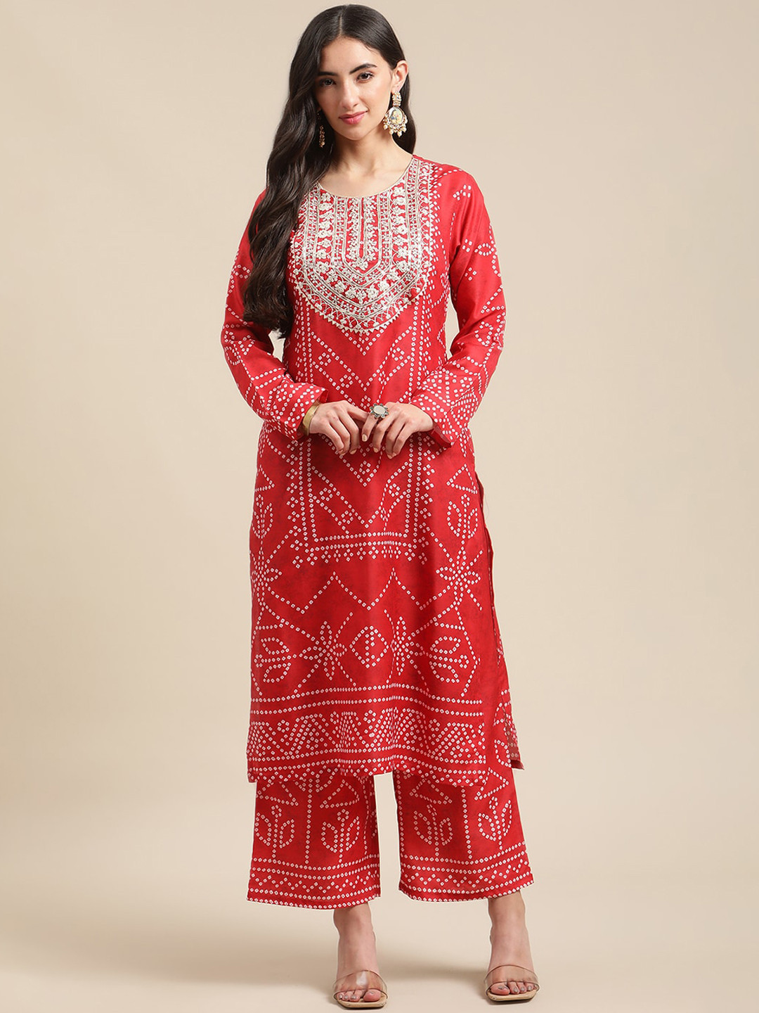 

Varanga Women Red Bandhani Printed Kurta with Palazzos