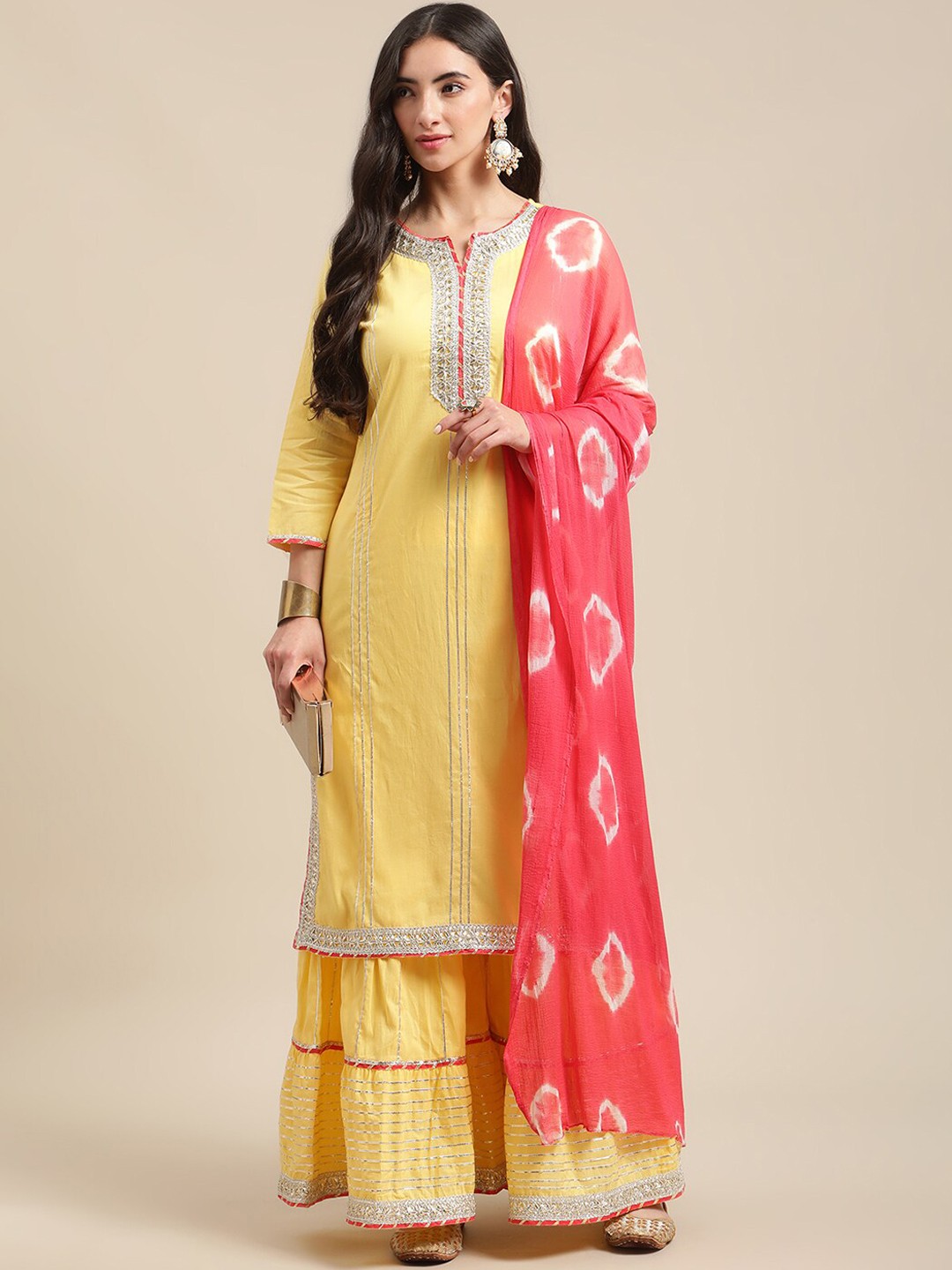 

Varanga Women Yellow & Pink Gotta Patti Pure Cotton Kurta with Sharara & Shibhori Dupatta
