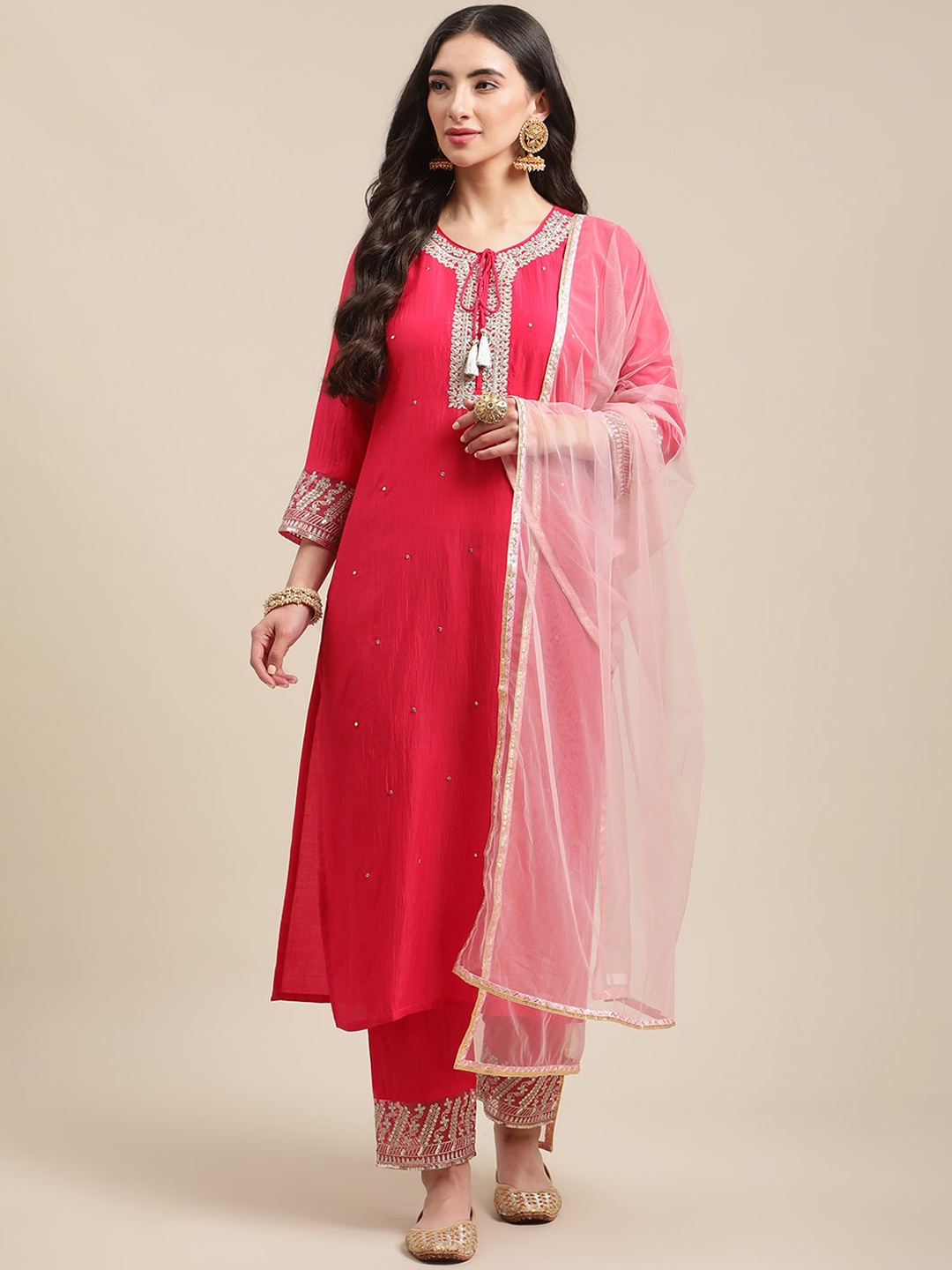 

Varanga Women Pink Zari Embroidered Kurta With Trouser With Net Lace Dupatta.