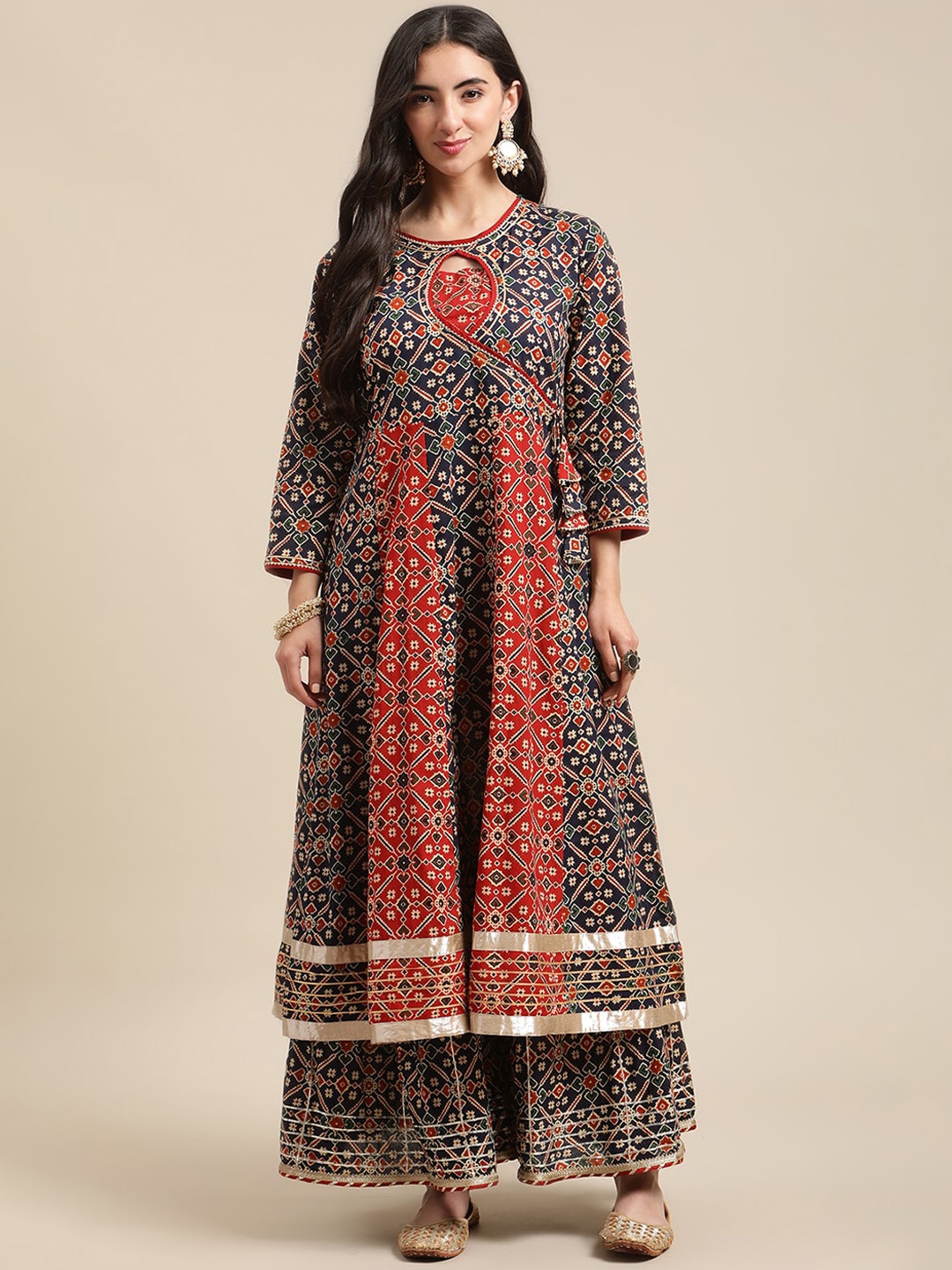 

Varanga Blue And Maroon Patola Printed Panelled Kurta Sharara Set