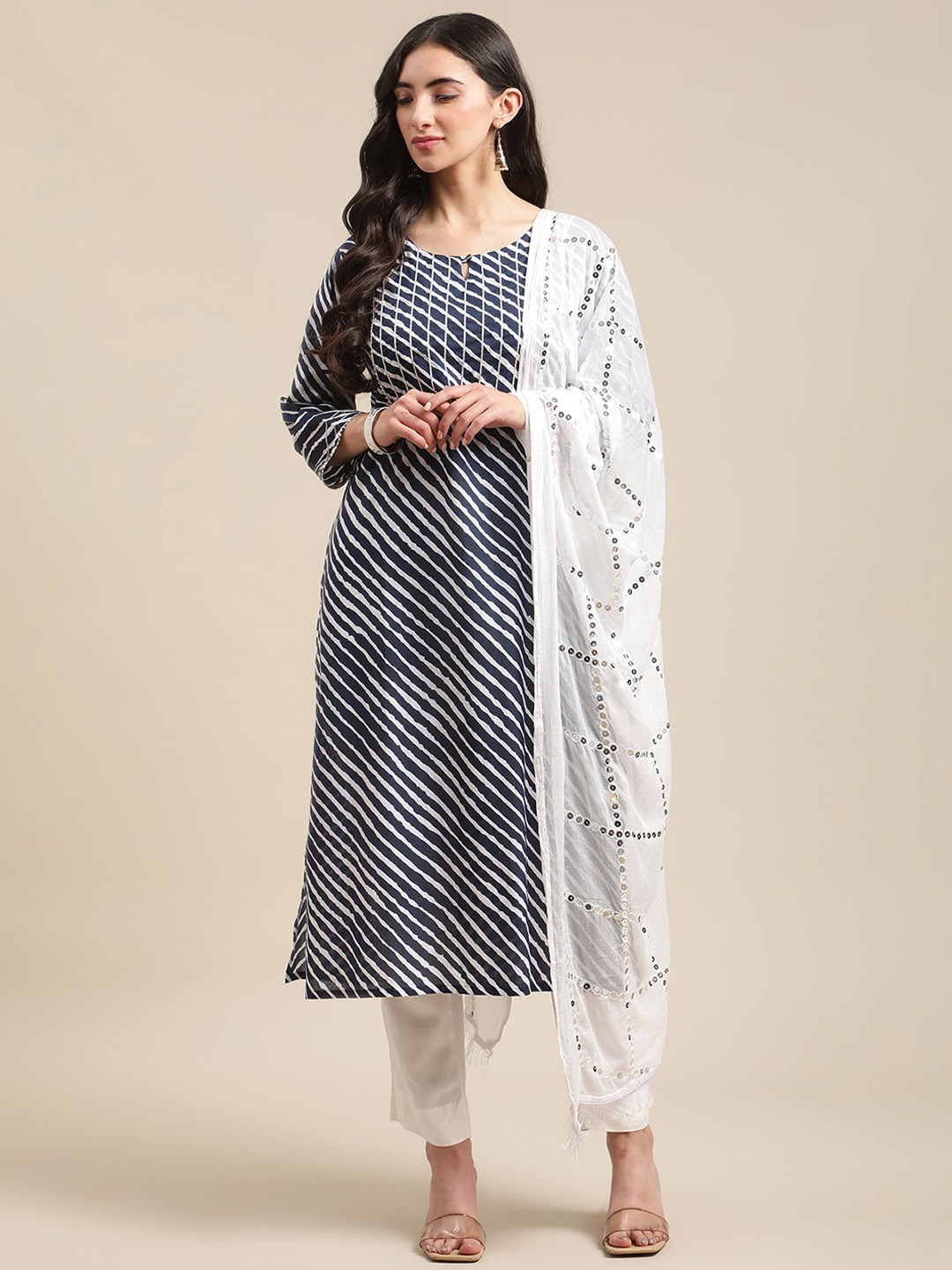 

Varanga Women Navy Blue Leheriya Printed Gotta Patti Pure Cotton Kurta with Trousers & With Dupatta