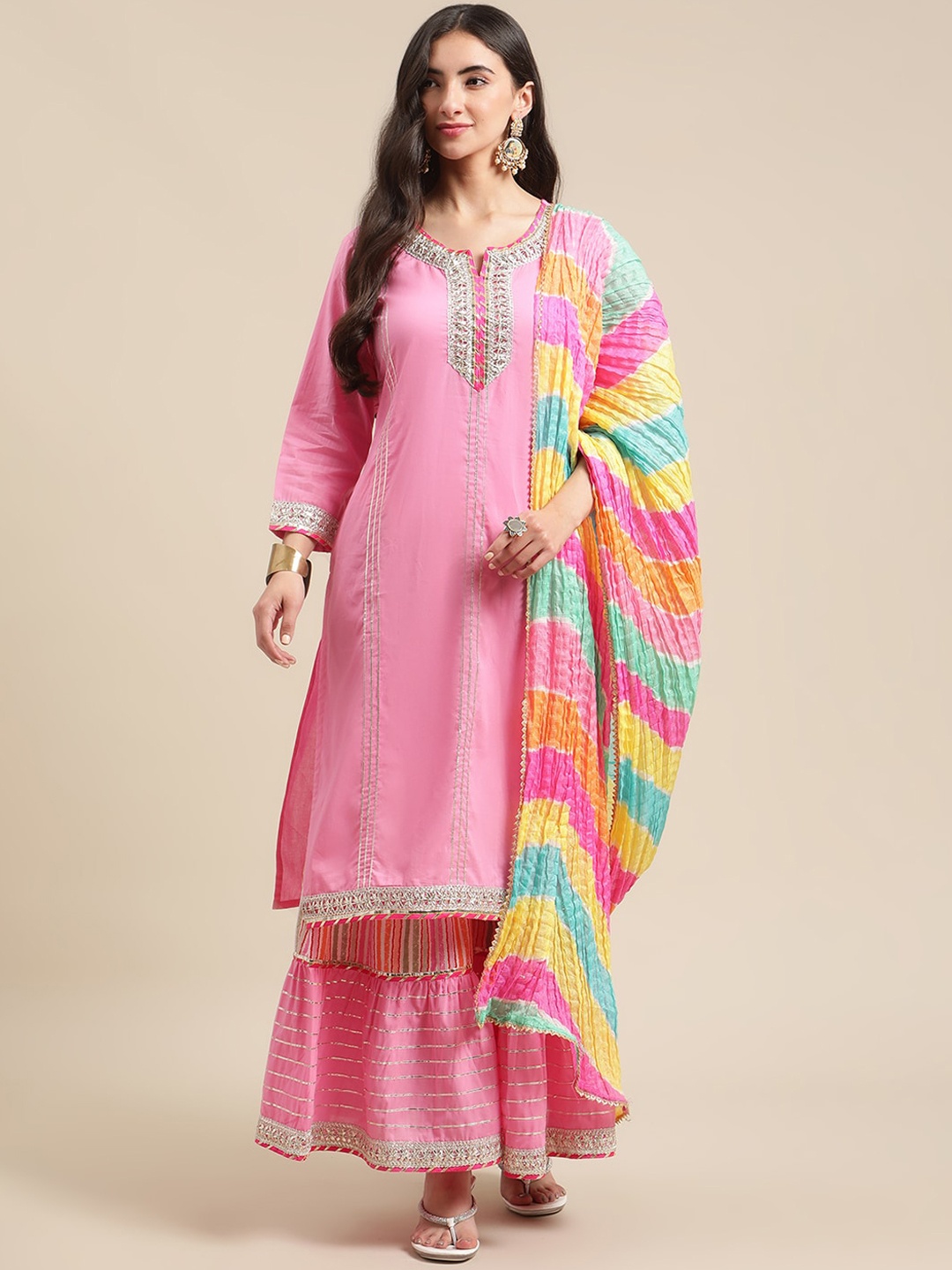 

Varanga Women Pink Gotta Patti Pure Cotton Kurta with Sharara & Leheriya Dupatta