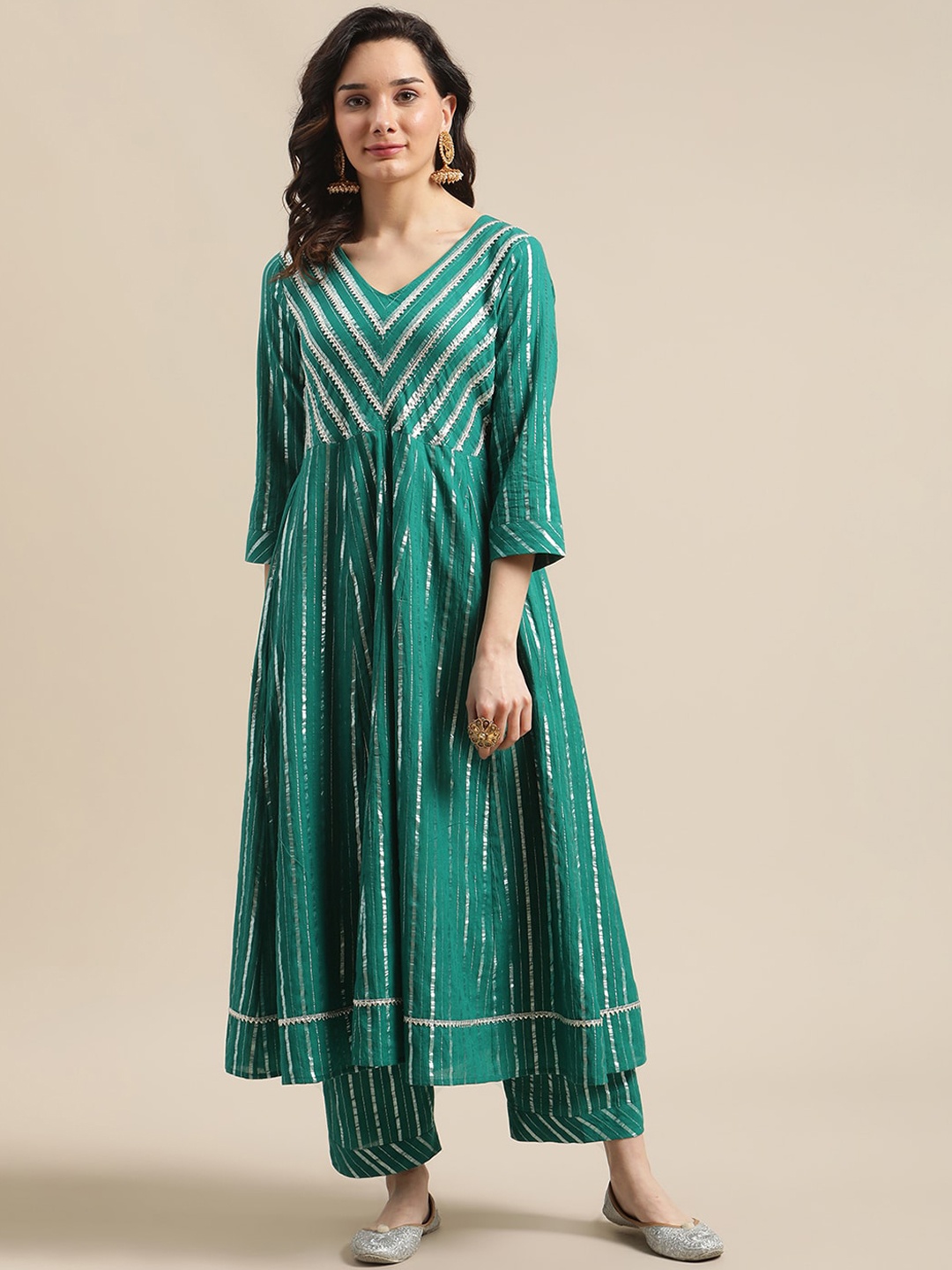 

Varanga Green & Silver-Colored Lurex Heavy Gotta Work Anarkali Kurta Trouser Set