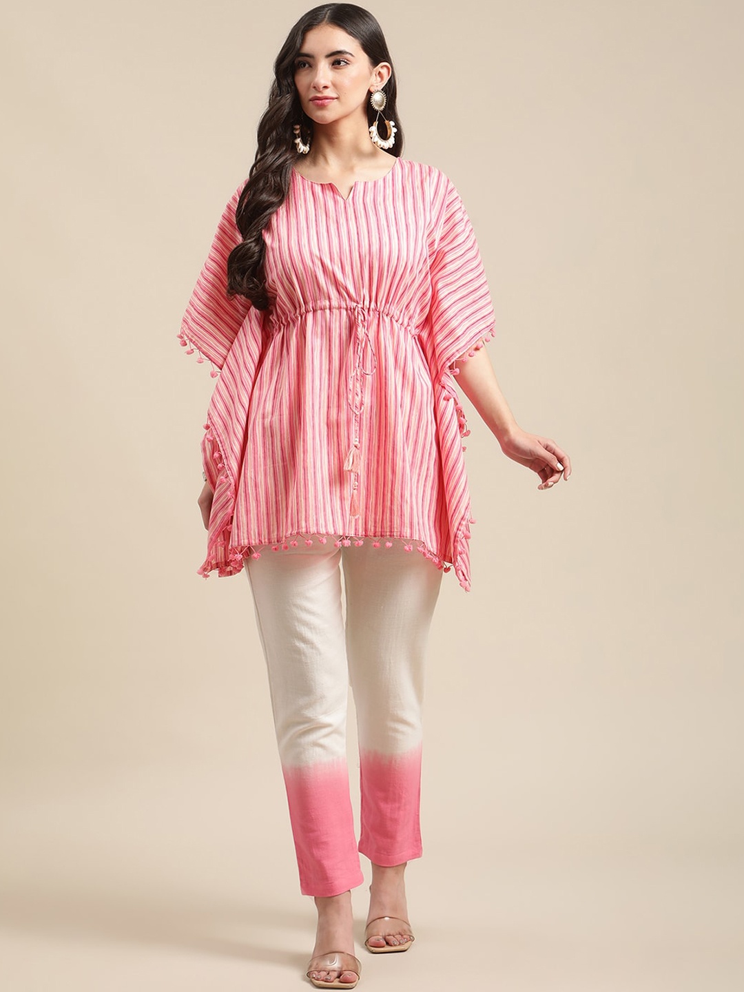 

Varanga Women Pink Striped Kaftan Kurti With Ombre Trousers