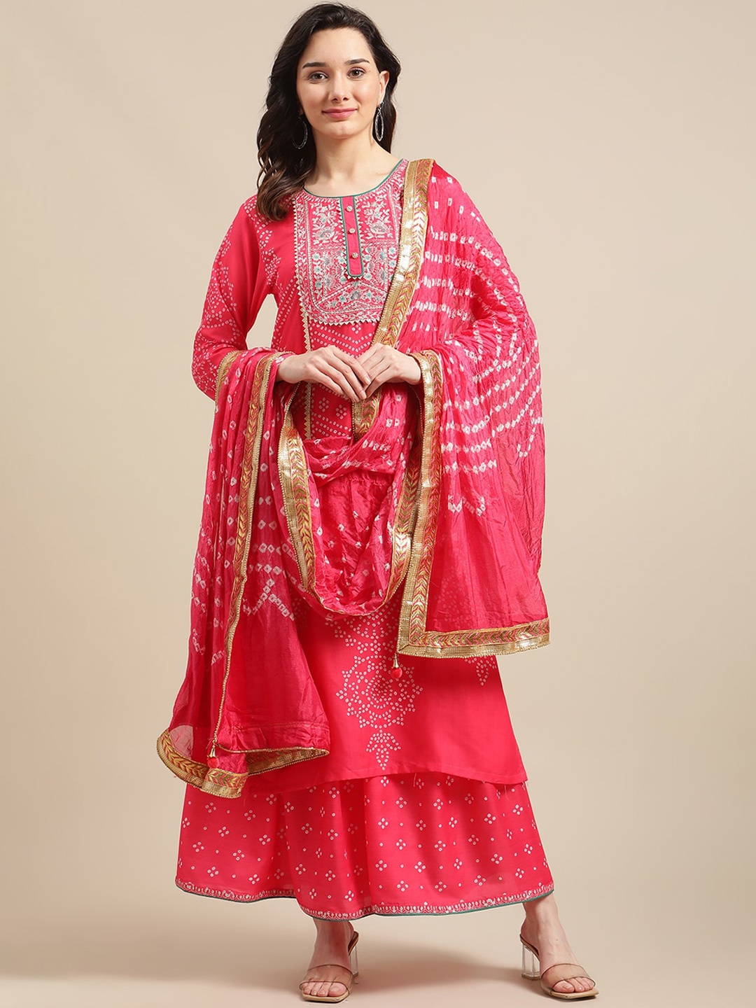 

Varanga Women Pink & Gold-Toned Ethnic Motifs Zari Kurta With Sharara & Bandhej Dupatta