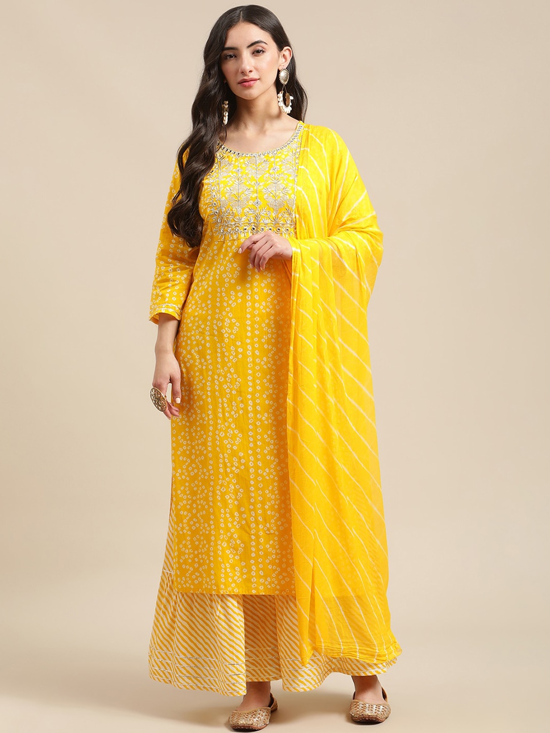 

Varanga Yellow & White Zari Embroidery Leheriya Kurta Sharara Set With Dupatta