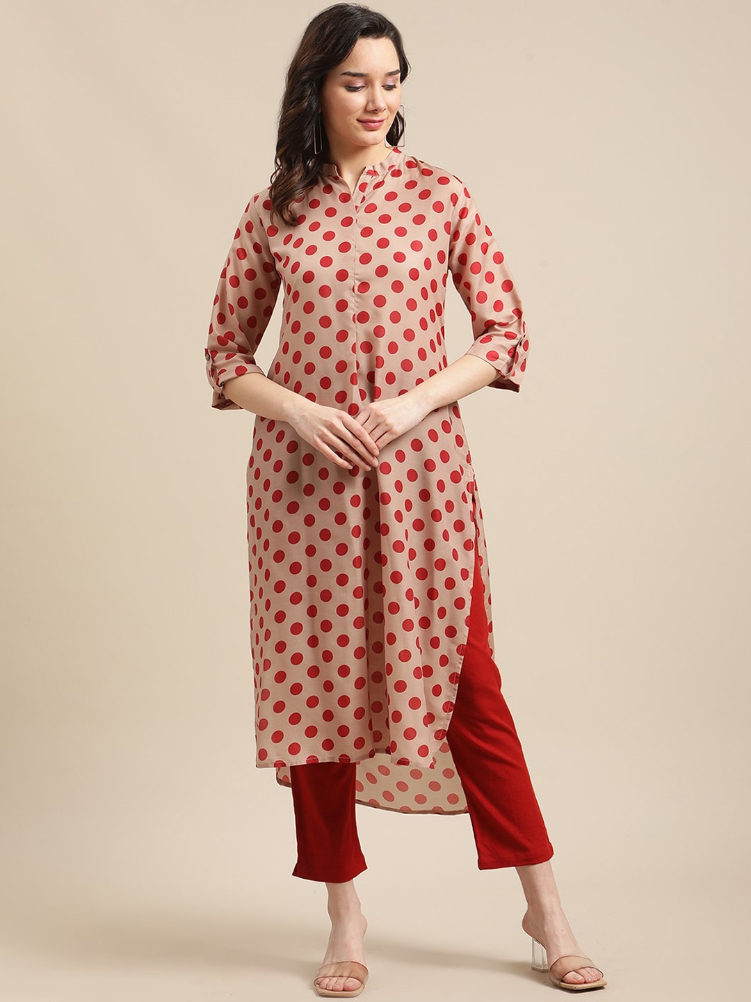 

Varanga Women Beige & Red High-Low Polka Dot Printed Kurta