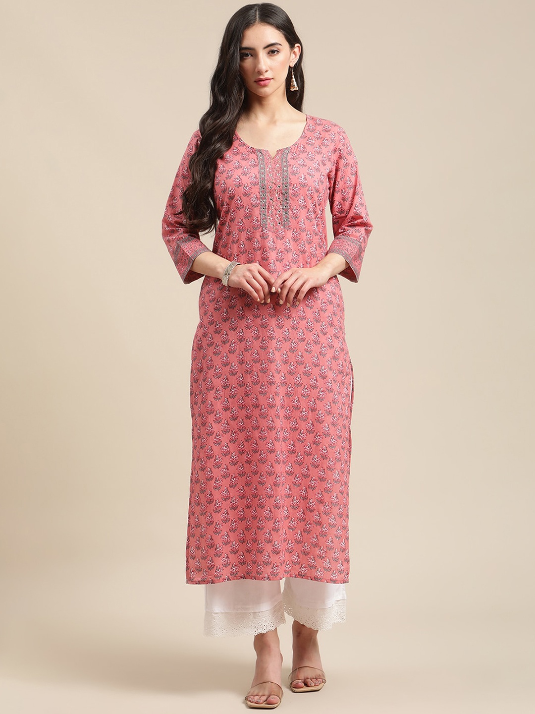 

Varanga Women Pink Ethnic Motifs Printed Thread Work Kurta