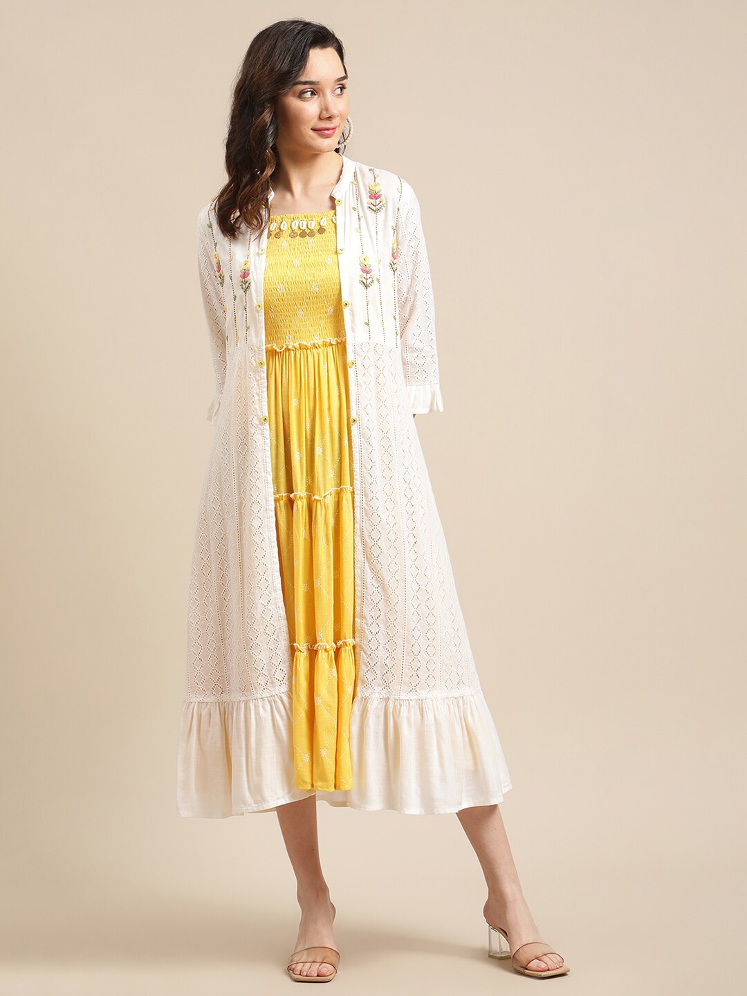 

Varanga Yellow & White Layered A-Line Midi Dress