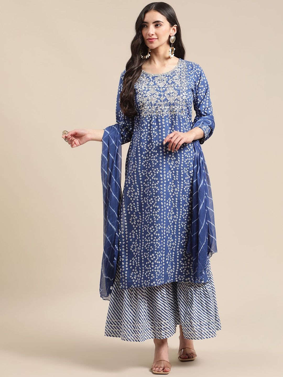 

Varanga Blue And White Zari Embroidery Leheriya Kurta Sharara Set With Leheriya Dupatta